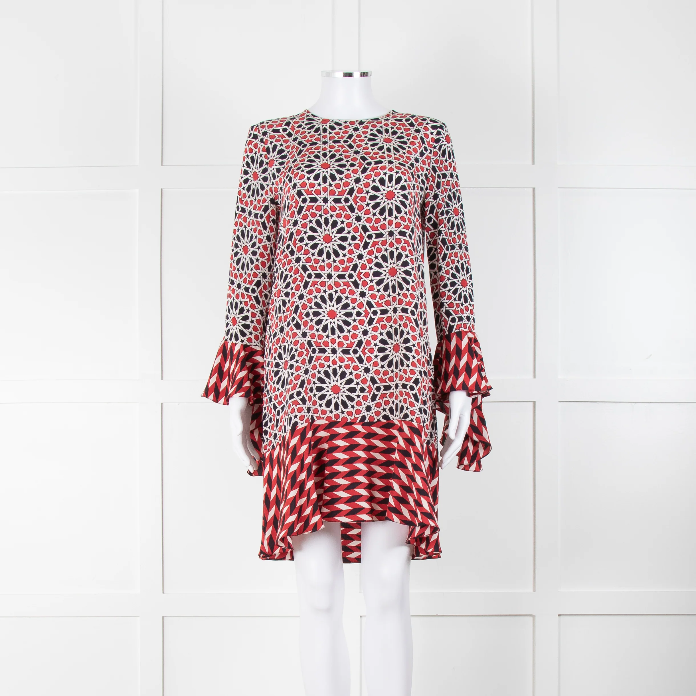 Beulah London Red Black Cream Silk Geometric Print Shift Dress
