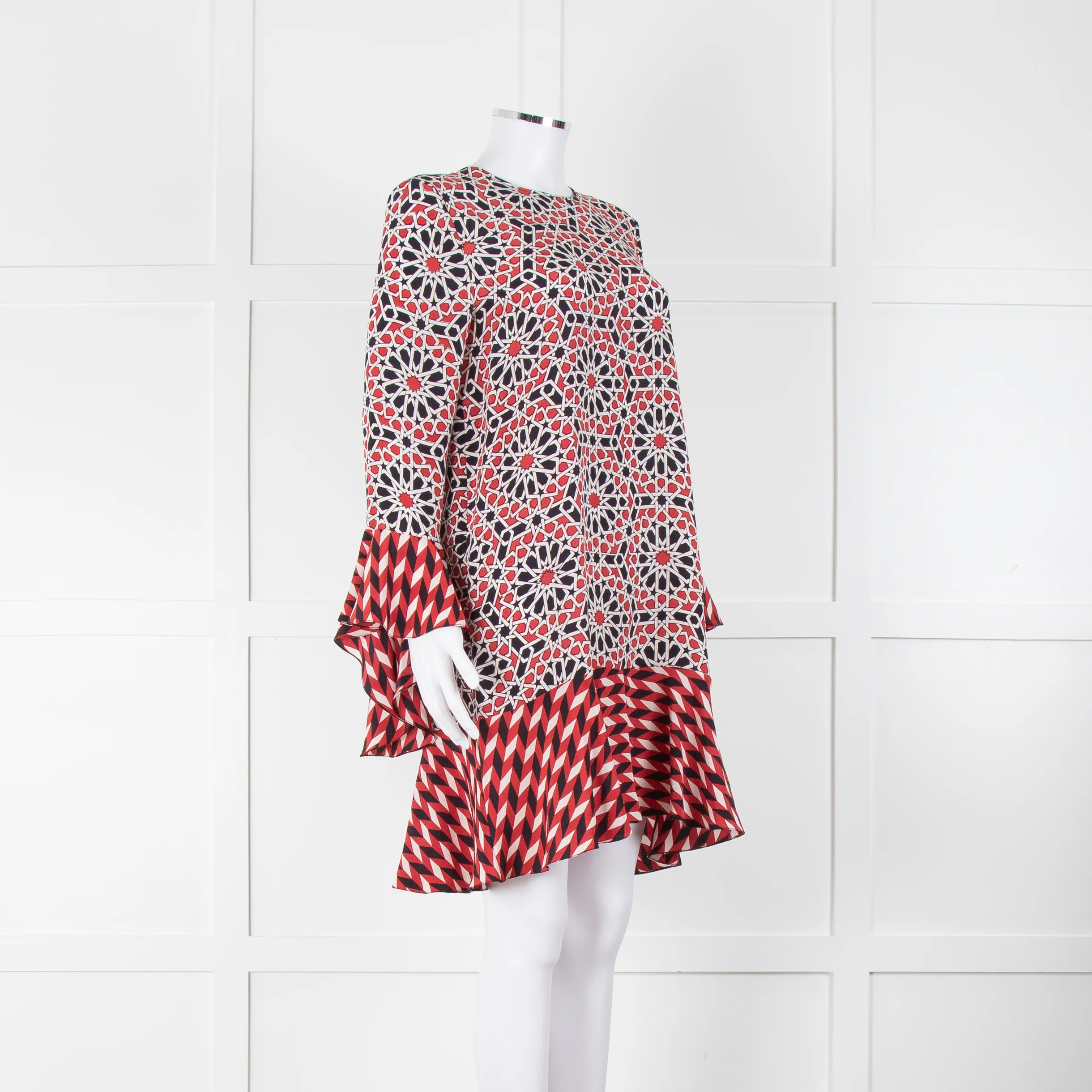 Beulah London Red Black Cream Silk Geometric Print Shift Dress - Image 2