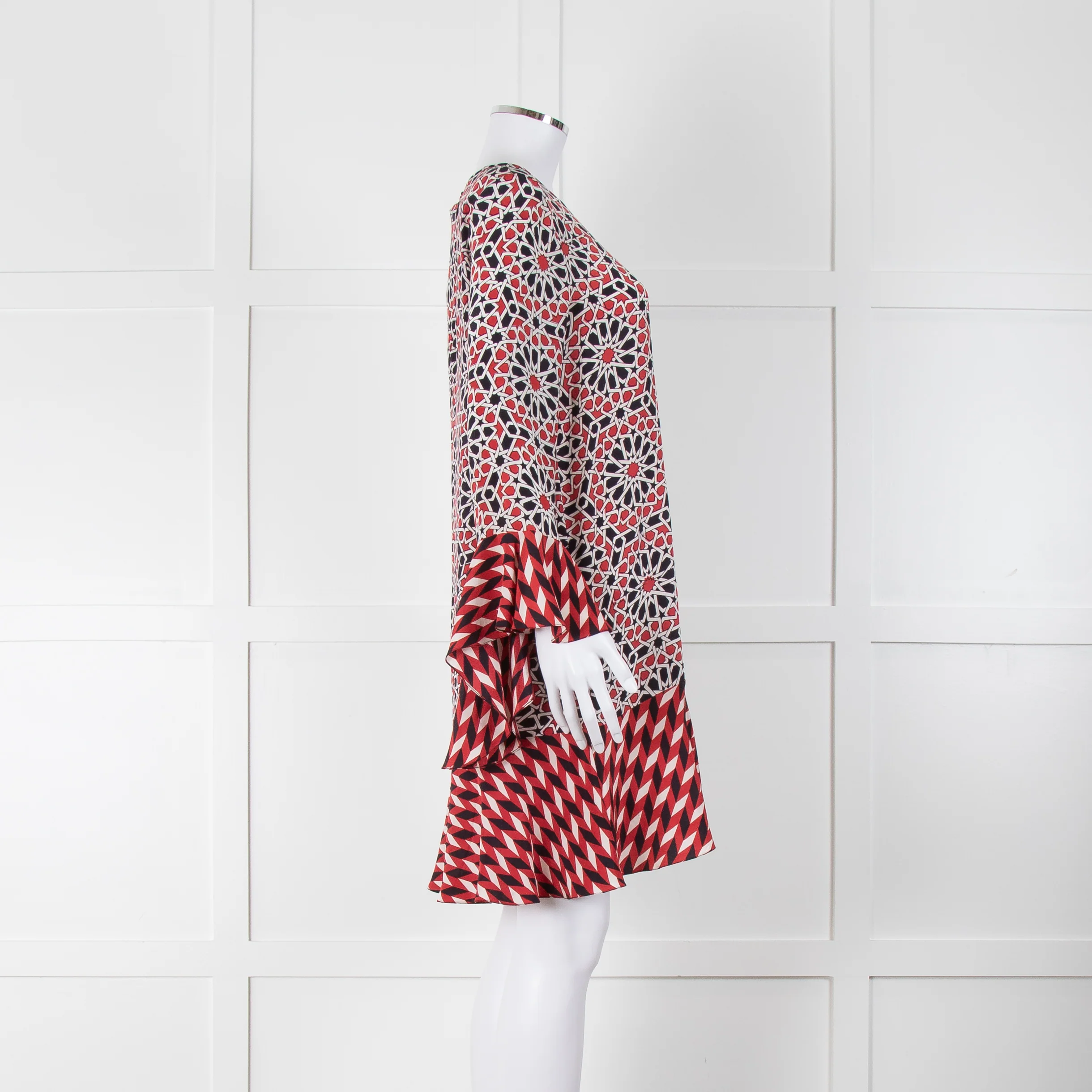 Beulah London Red Black Cream Silk Geometric Print Shift Dress - Image 3