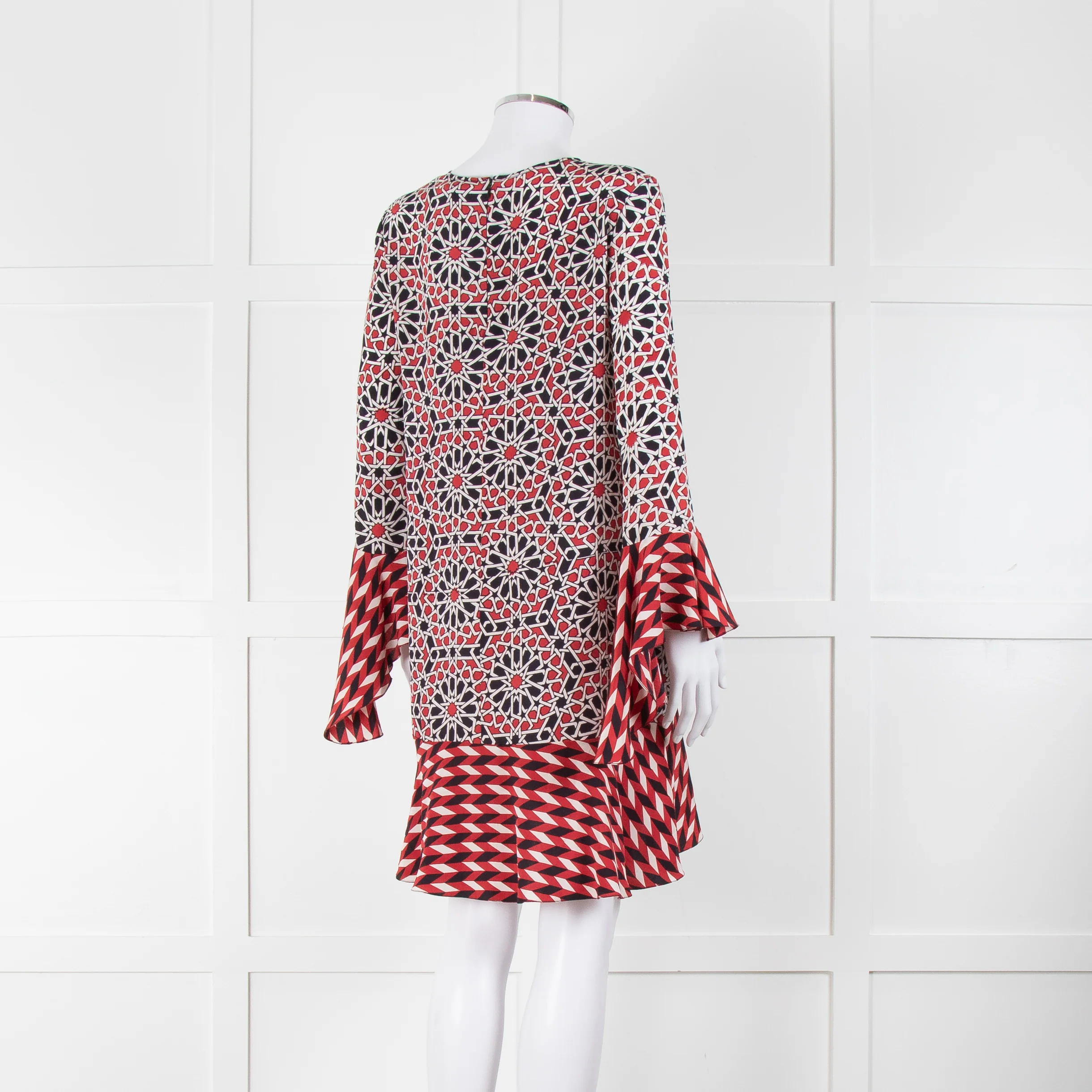 Beulah London Red Black Cream Silk Geometric Print Shift Dress - Image 4
