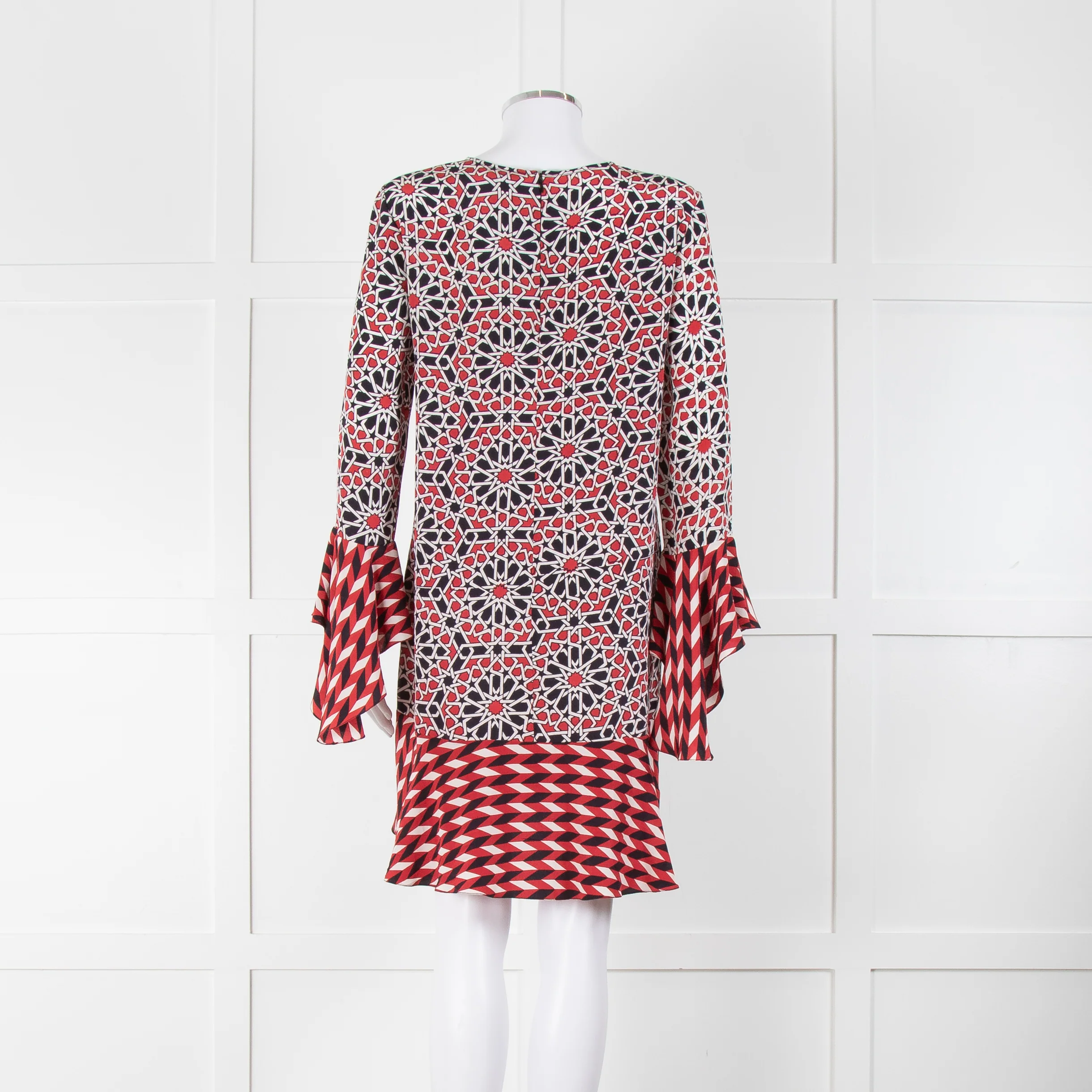 Beulah London Red Black Cream Silk Geometric Print Shift Dress - Image 5