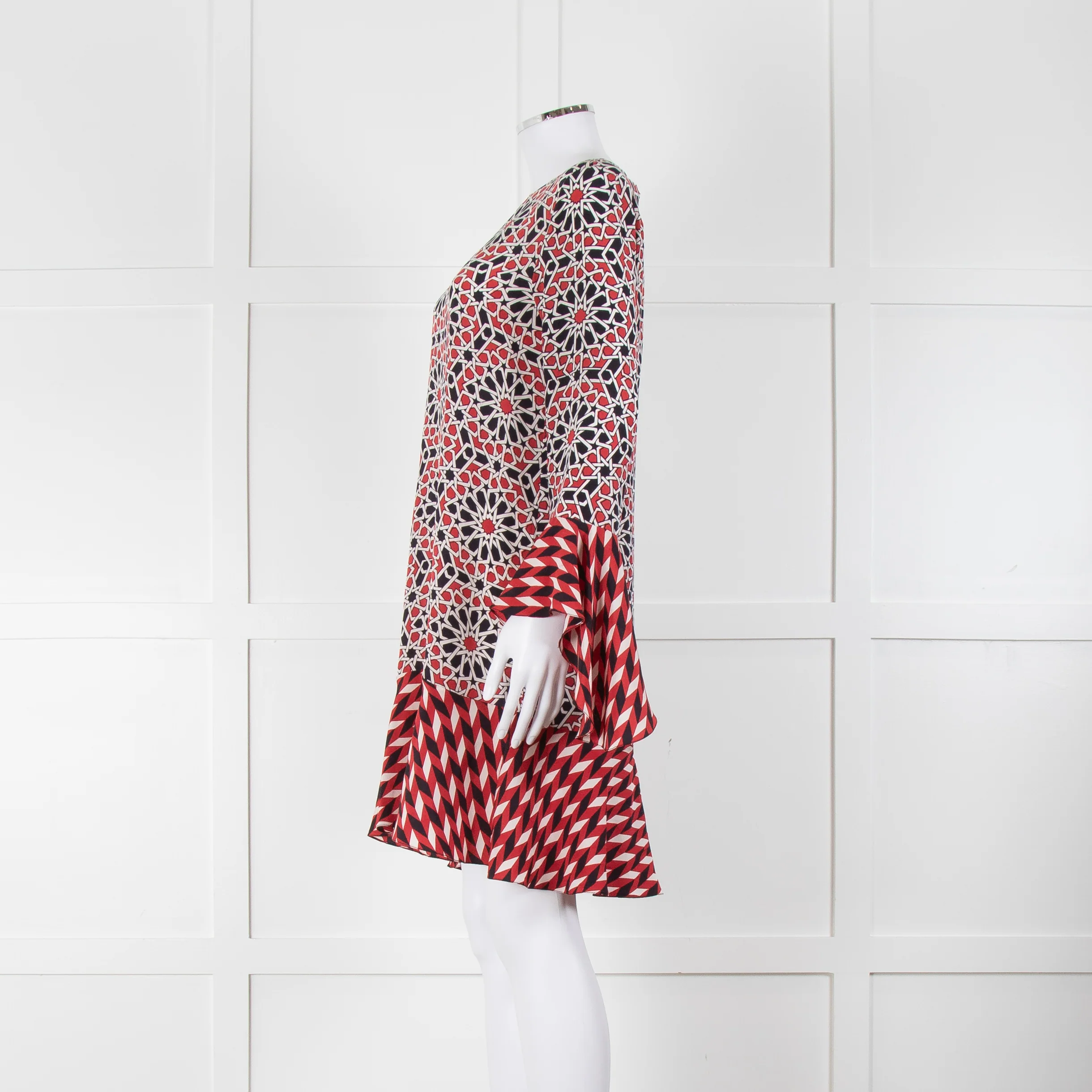 Beulah London Red Black Cream Silk Geometric Print Shift Dress - Image 7