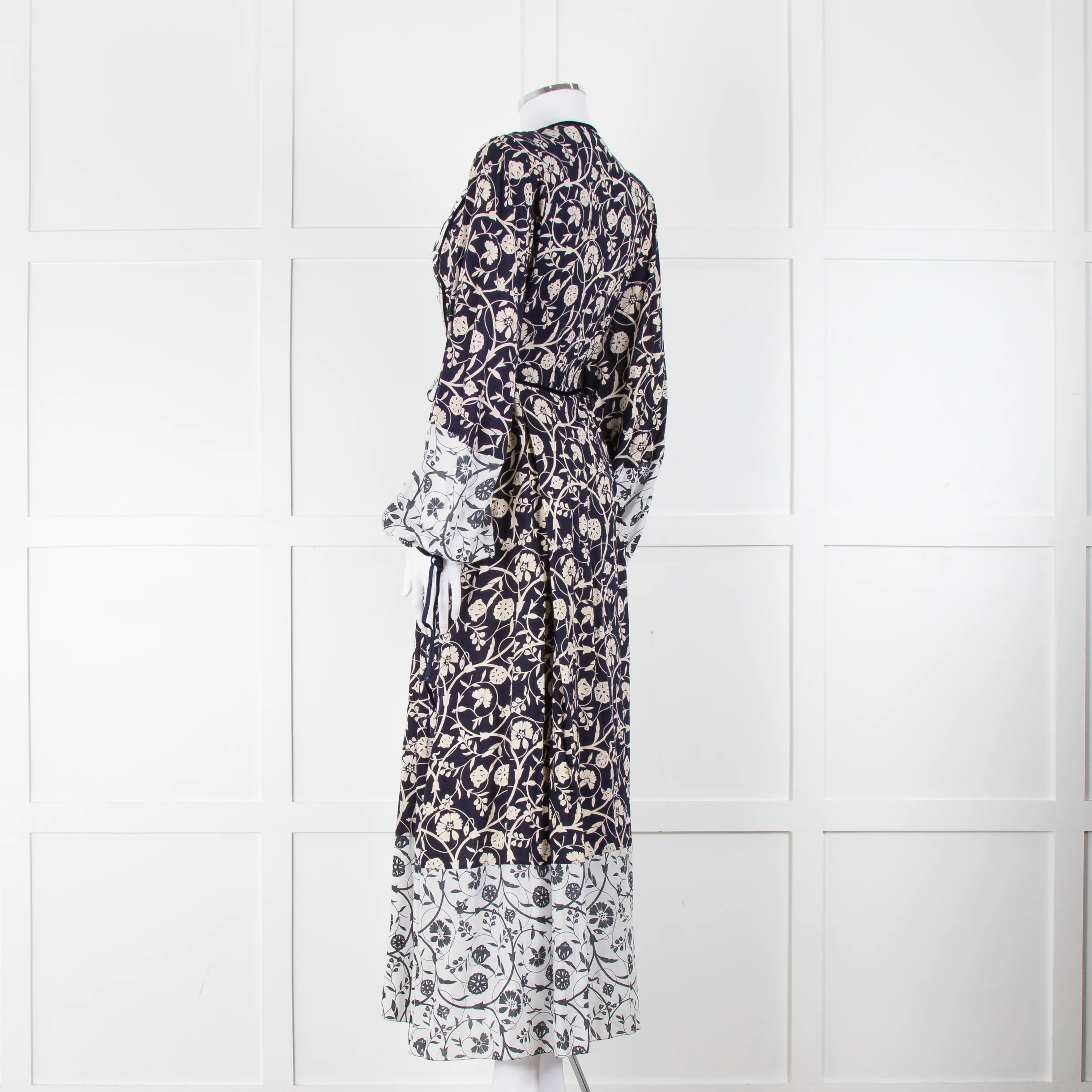 Beulah London Navy White Floral Neck Tie Long Dress - Image 6