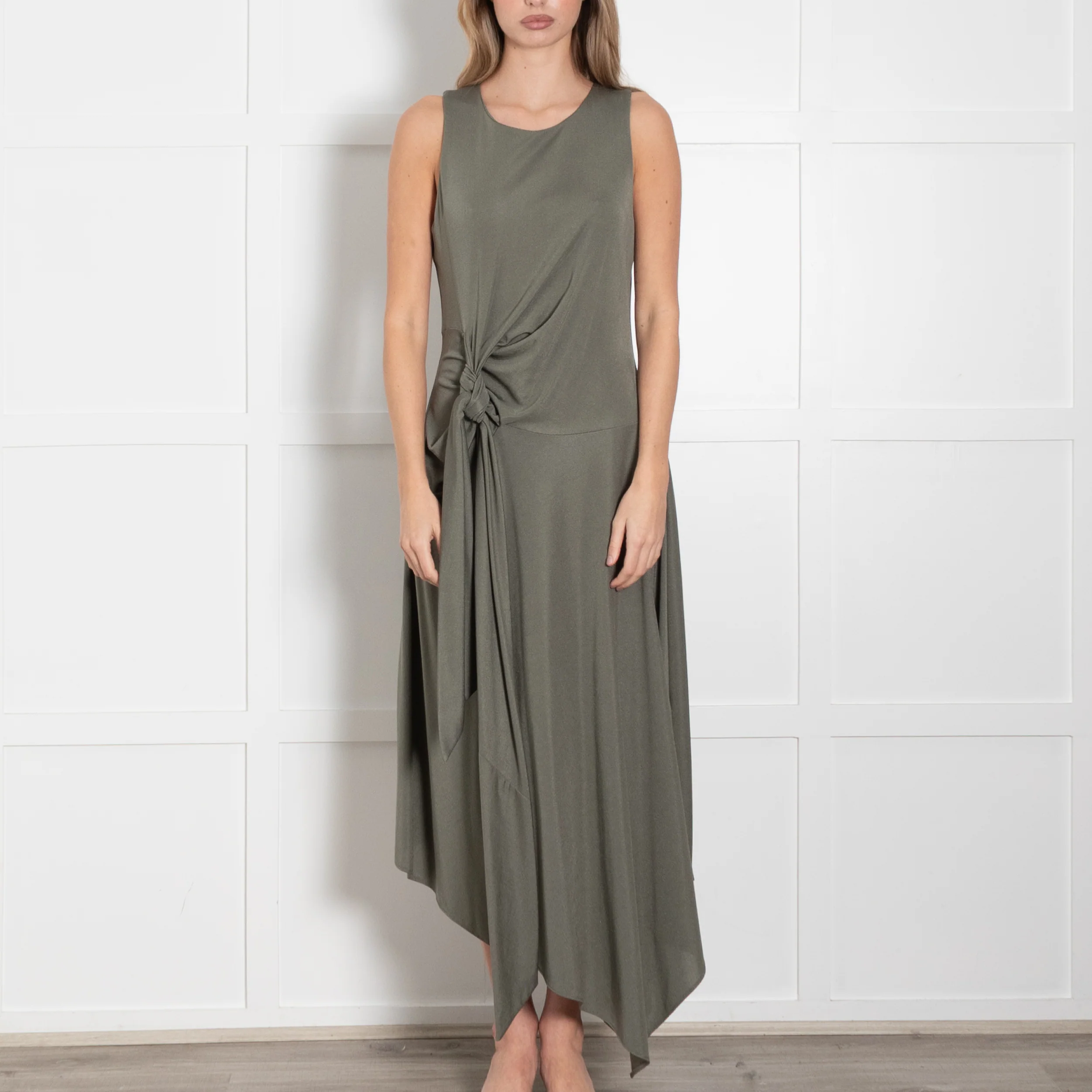 Bianca Spender Khaki Sleeveless Knot Side Detail Dress - Image 2