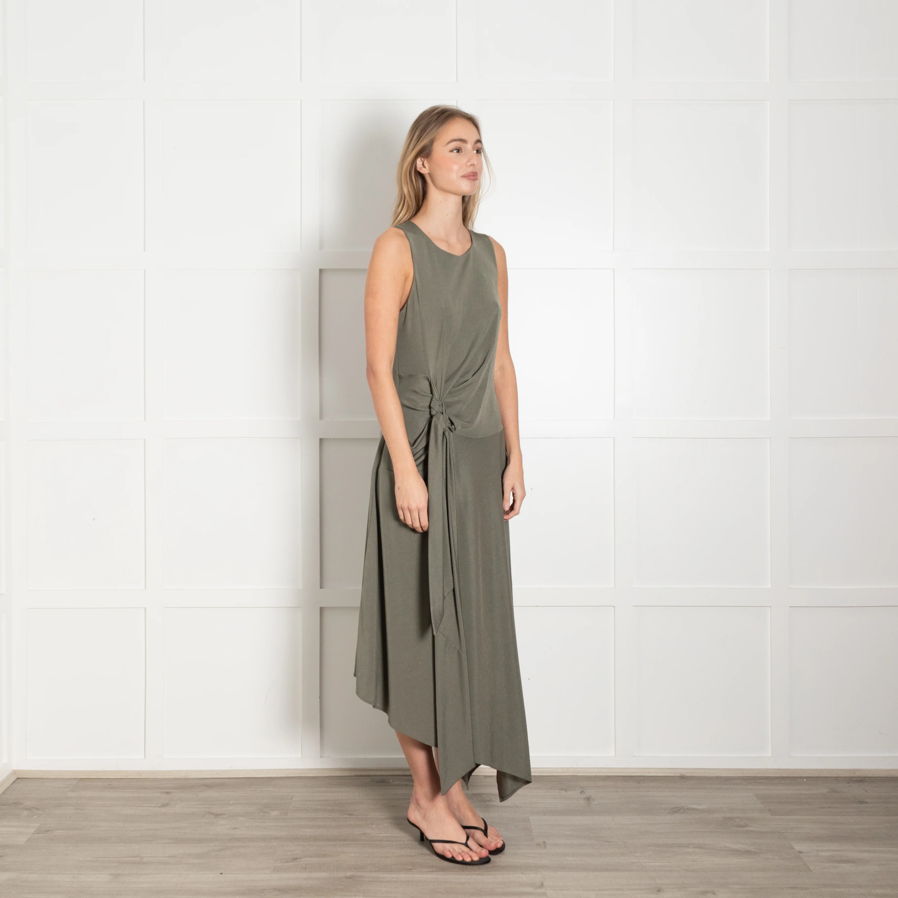Bianca Spender Khaki Sleeveless Knot Side Detail Dress - Image 7