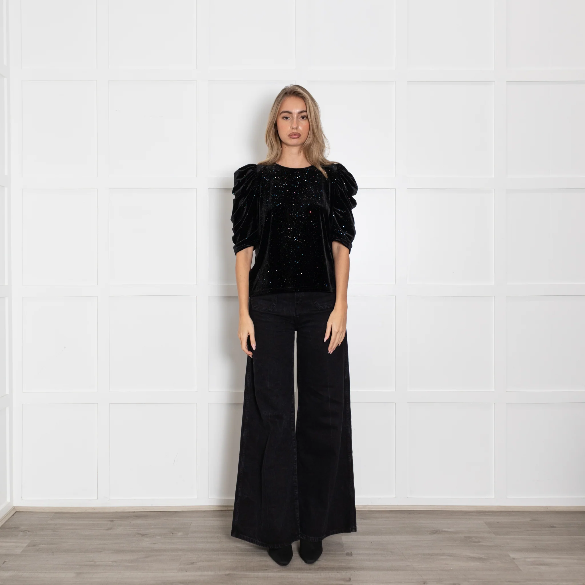 Bimba Y Lola Black Sparkle  Velvet Top With Puff Sleeve