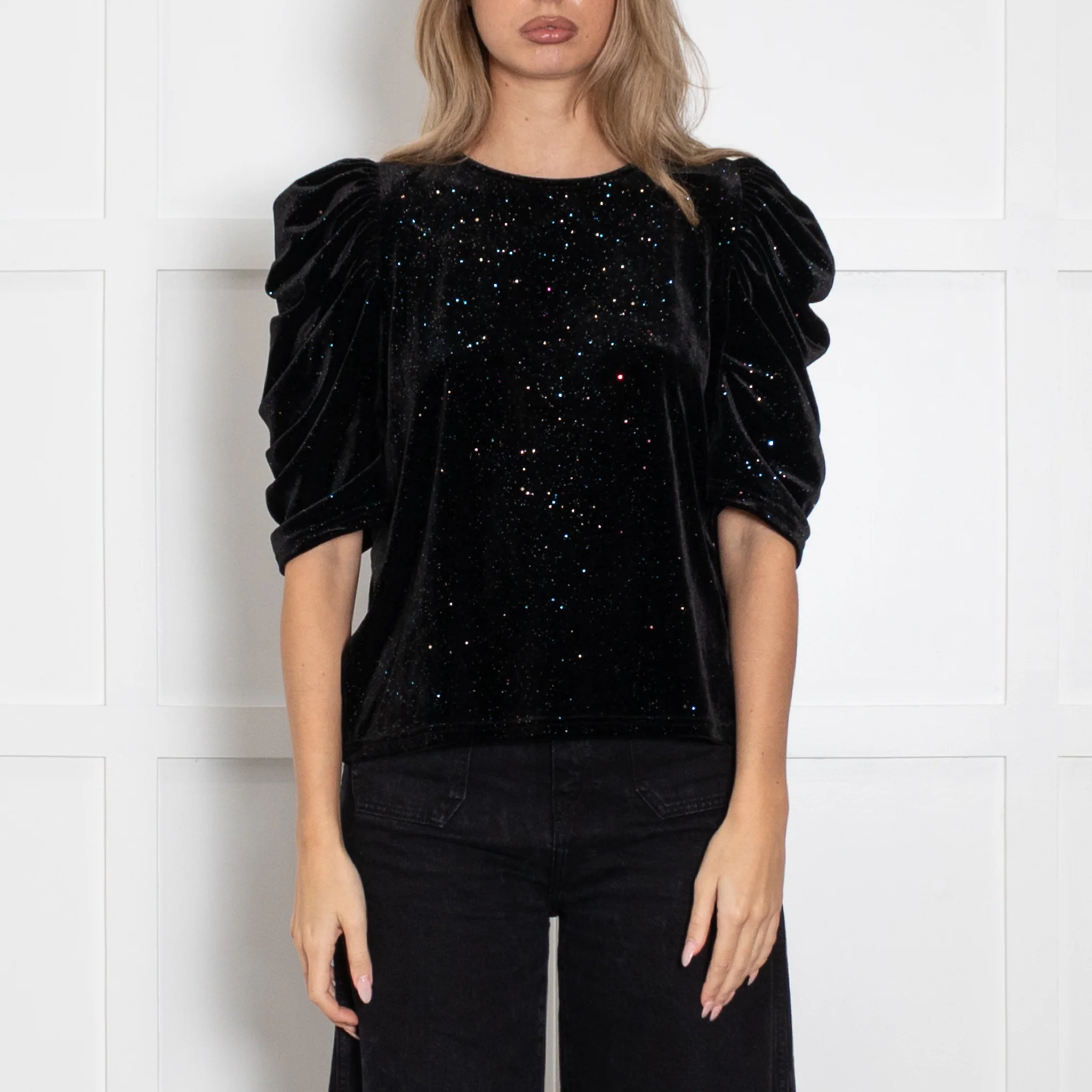 Bimba Y Lola Black Sparkle  Velvet Top With Puff Sleeve - Image 2