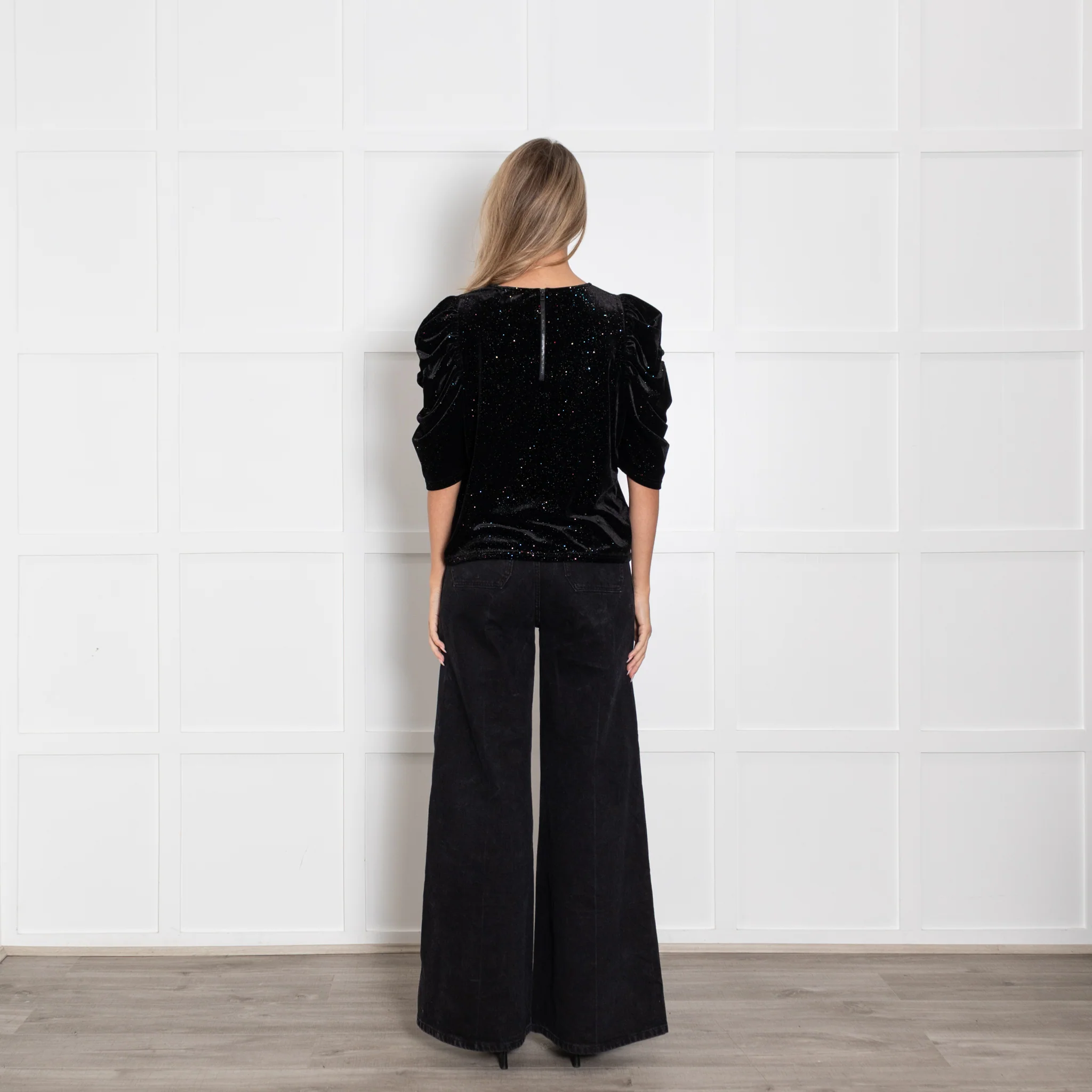 Bimba Y Lola Black Sparkle  Velvet Top With Puff Sleeve - Image 5