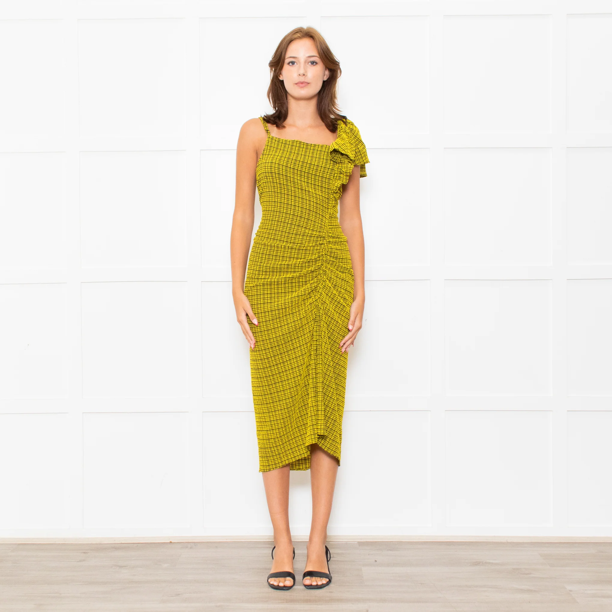 Bimba Y Lola Yellow Black Check One Off Shoulder Frill Detail Midi Dress