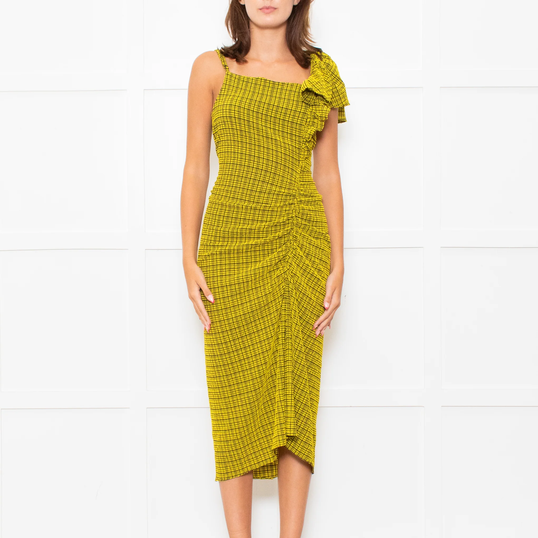 Bimba Y Lola Yellow Black Check One Off Shoulder Frill Detail Midi Dress - Image 2