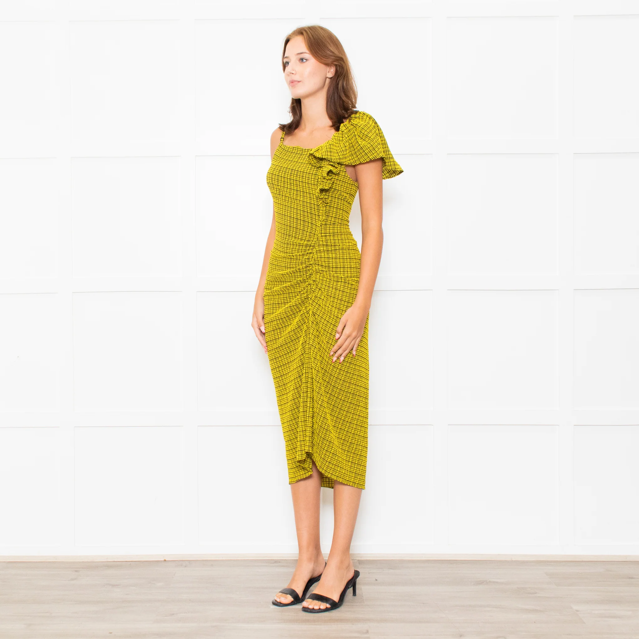 Bimba Y Lola Yellow Black Check One Off Shoulder Frill Detail Midi Dress - Image 3