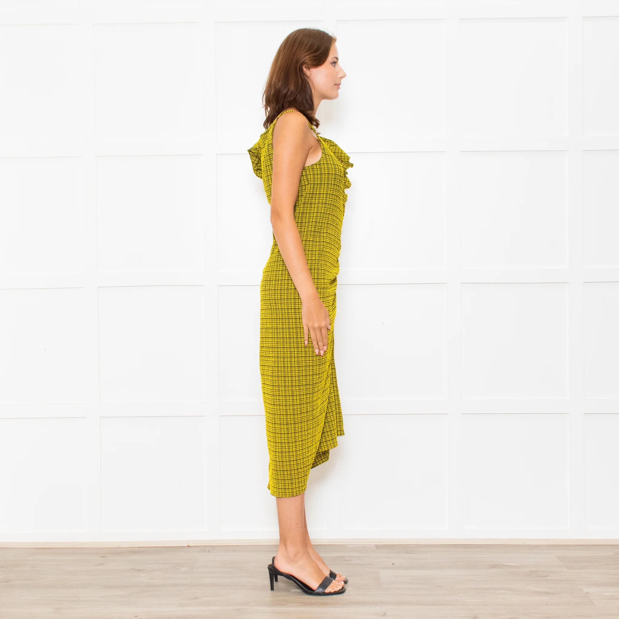 Bimba Y Lola Yellow Black Check One Off Shoulder Frill Detail Midi Dress - Image 5