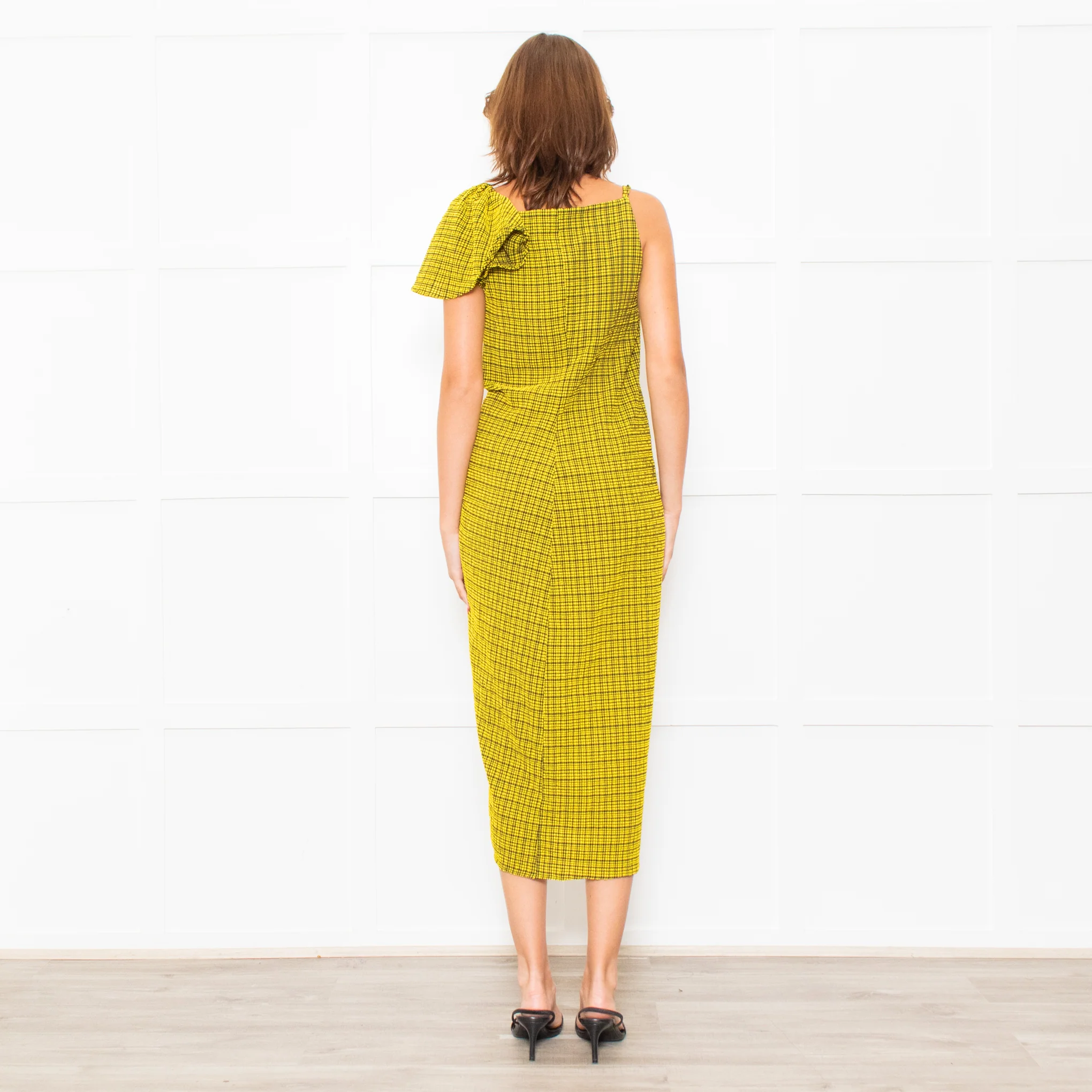 Bimba Y Lola Yellow Black Check One Off Shoulder Frill Detail Midi Dress - Image 6