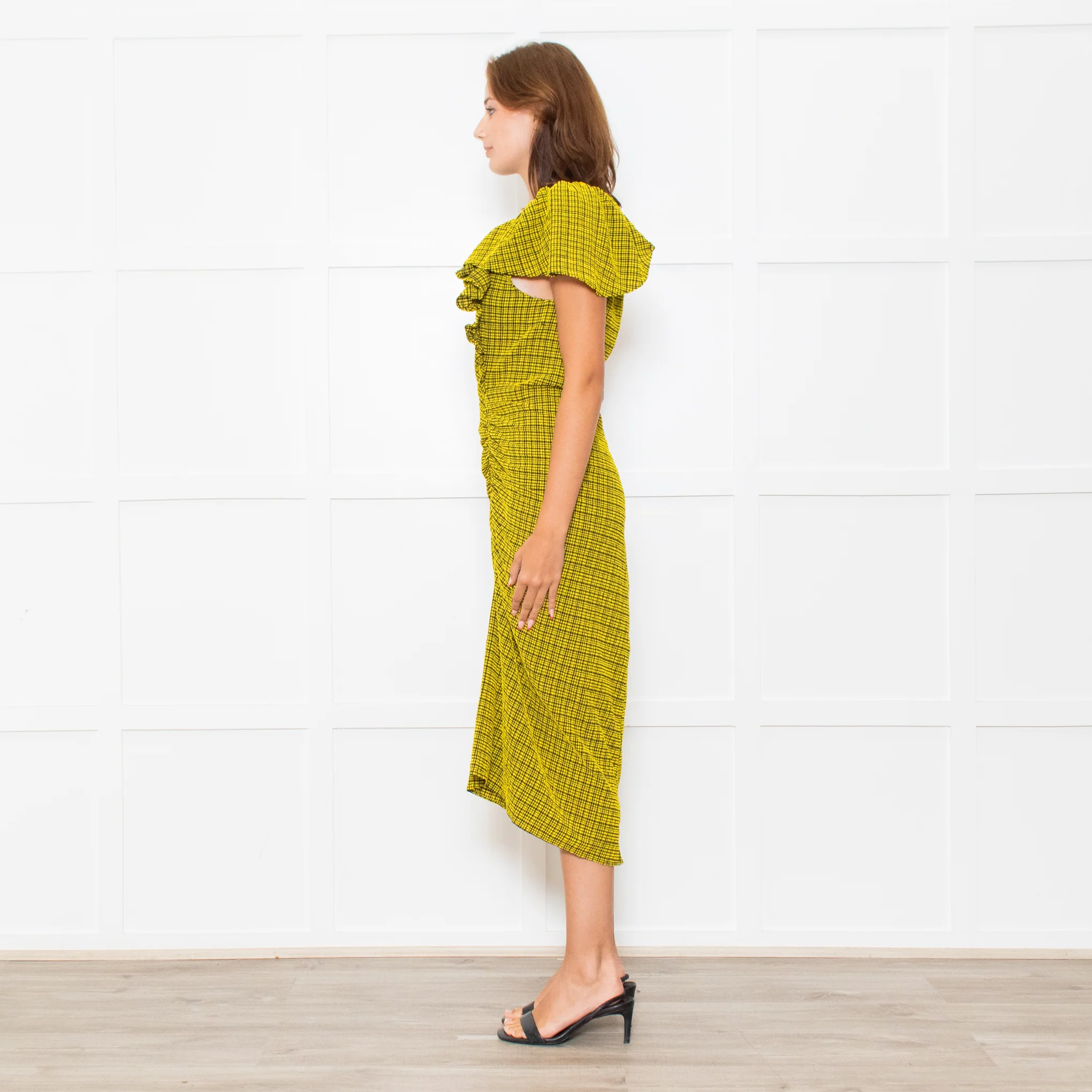 Bimba Y Lola Yellow Black Check One Off Shoulder Frill Detail Midi Dress - Image 7
