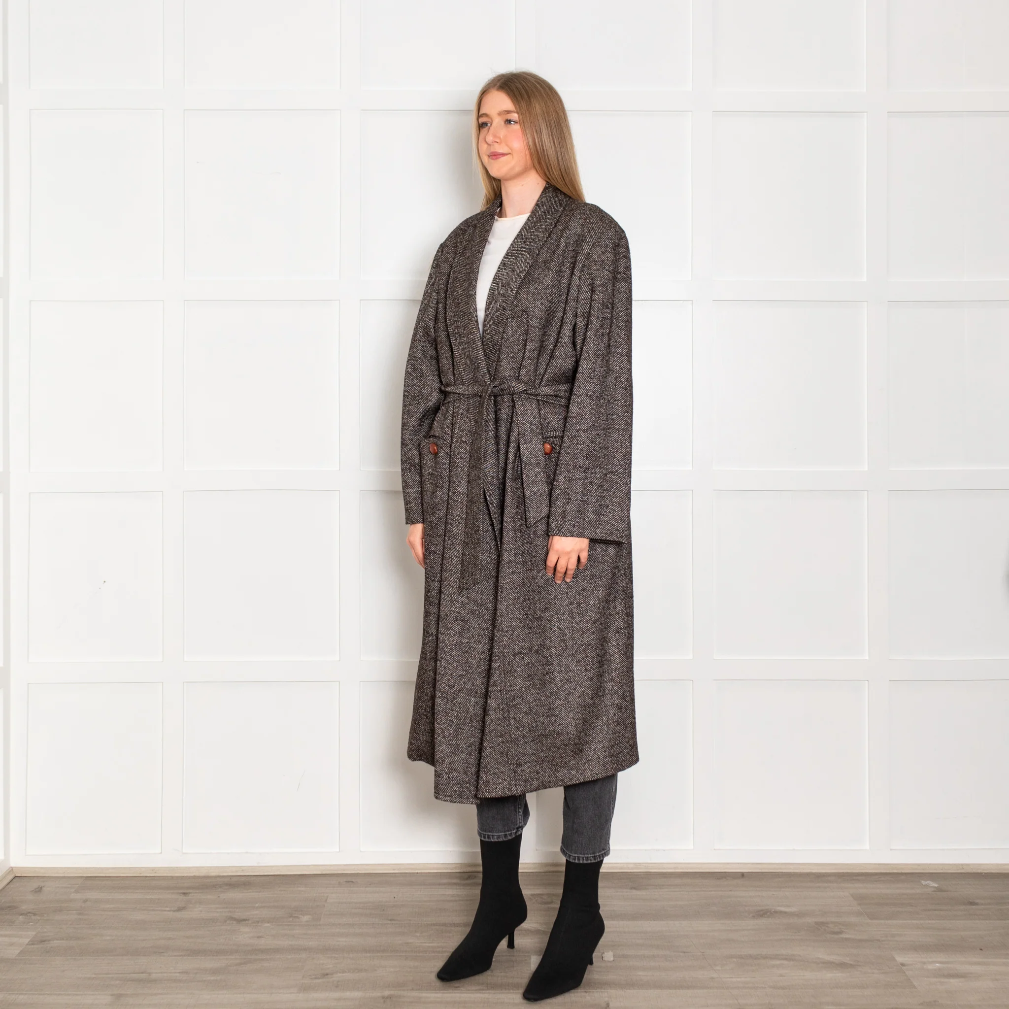 Blaze Brown White Herringbone Cabana Whistler Belted Long Coat - Image 3