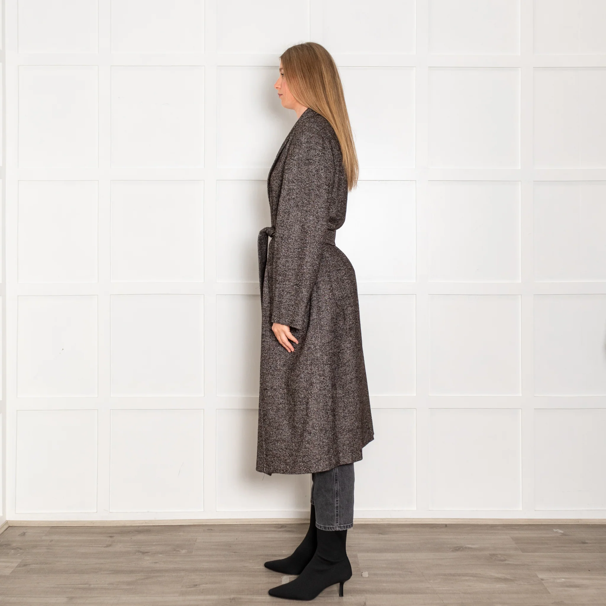 Blaze Brown White Herringbone Cabana Whistler Belted Long Coat - Image 4