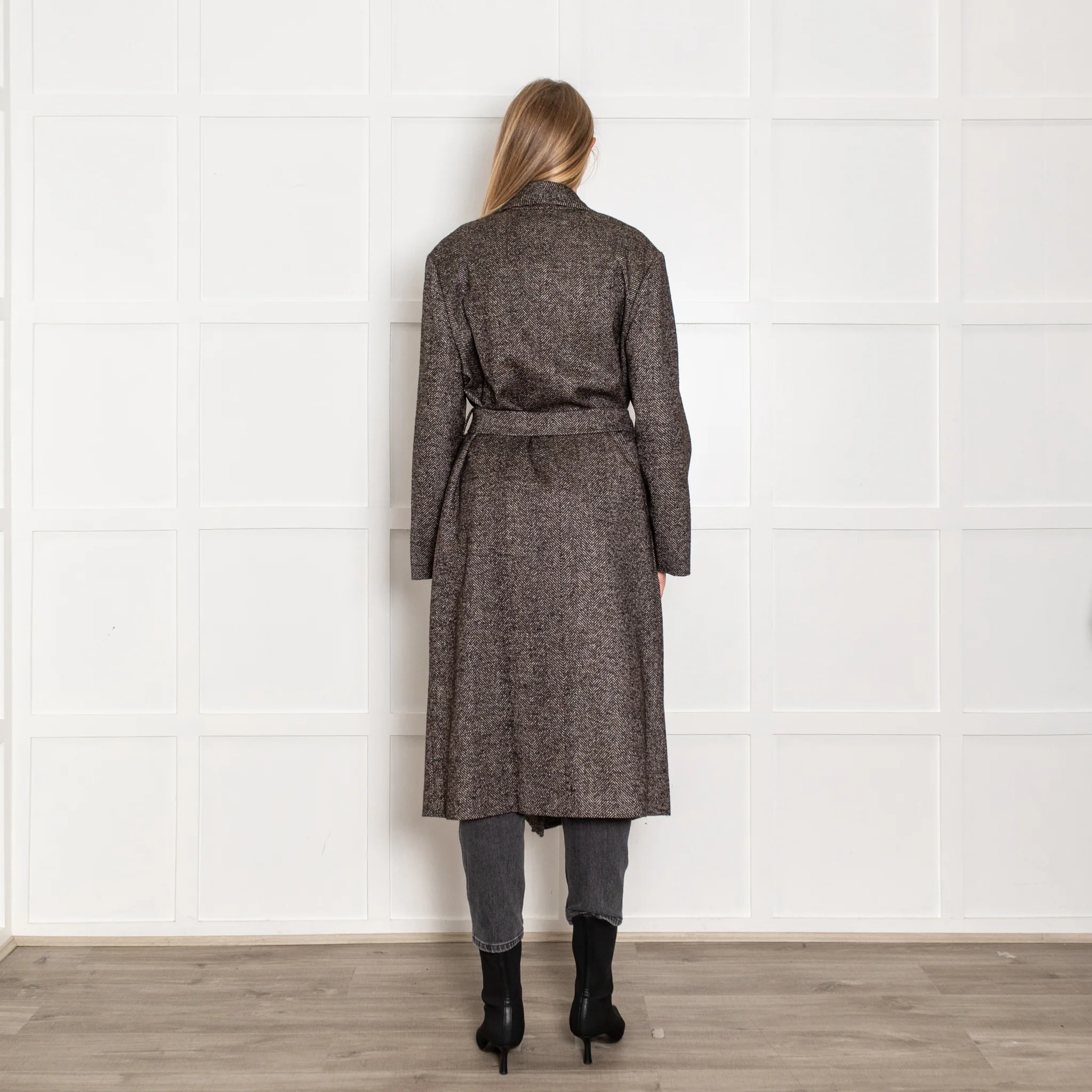 Blaze Brown White Herringbone Cabana Whistler Belted Long Coat - Image 5