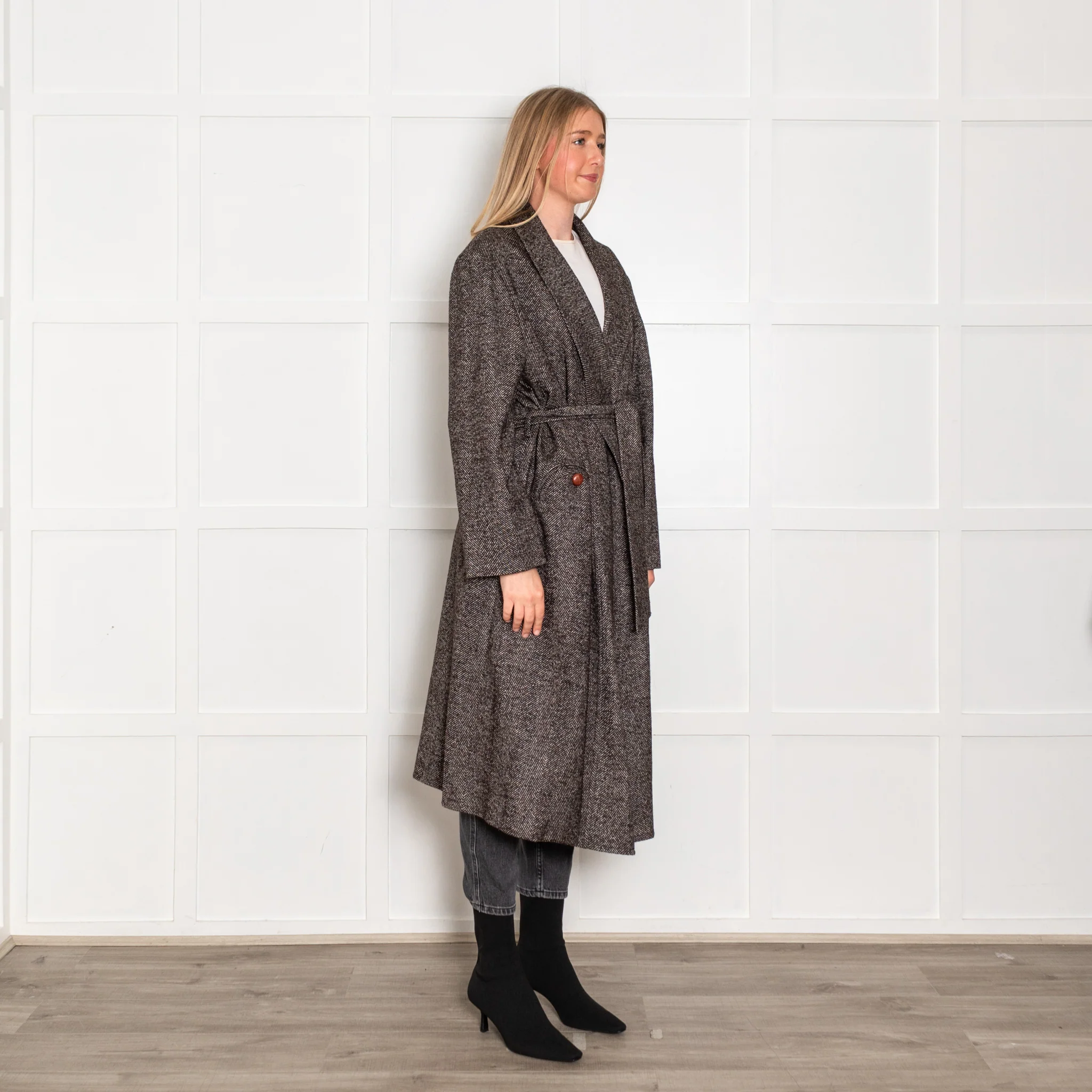 Blaze Brown White Herringbone Cabana Whistler Belted Long Coat - Image 7