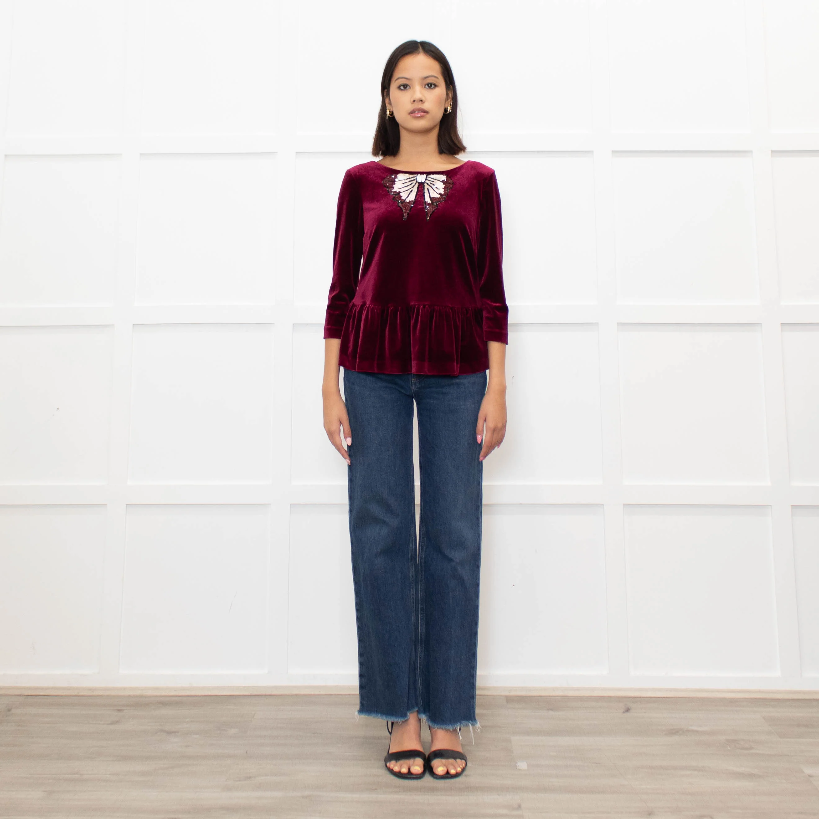 Blugirl Blumarine Burgundy Red Velvet Sequin Bow Top