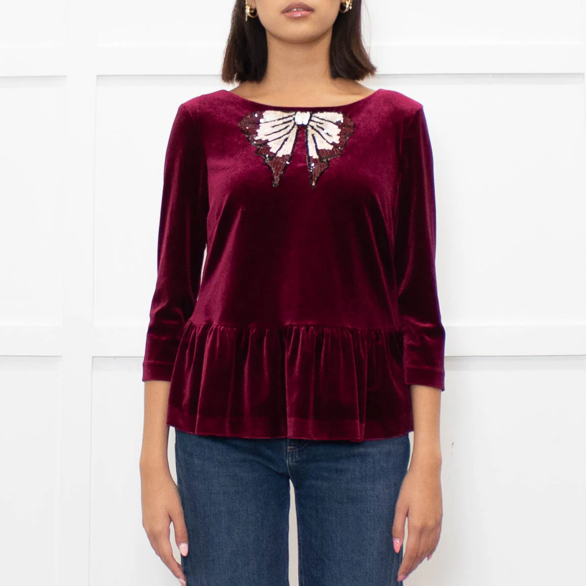 Blugirl Blumarine Burgundy Red Velvet Sequin Bow Top - Image 2