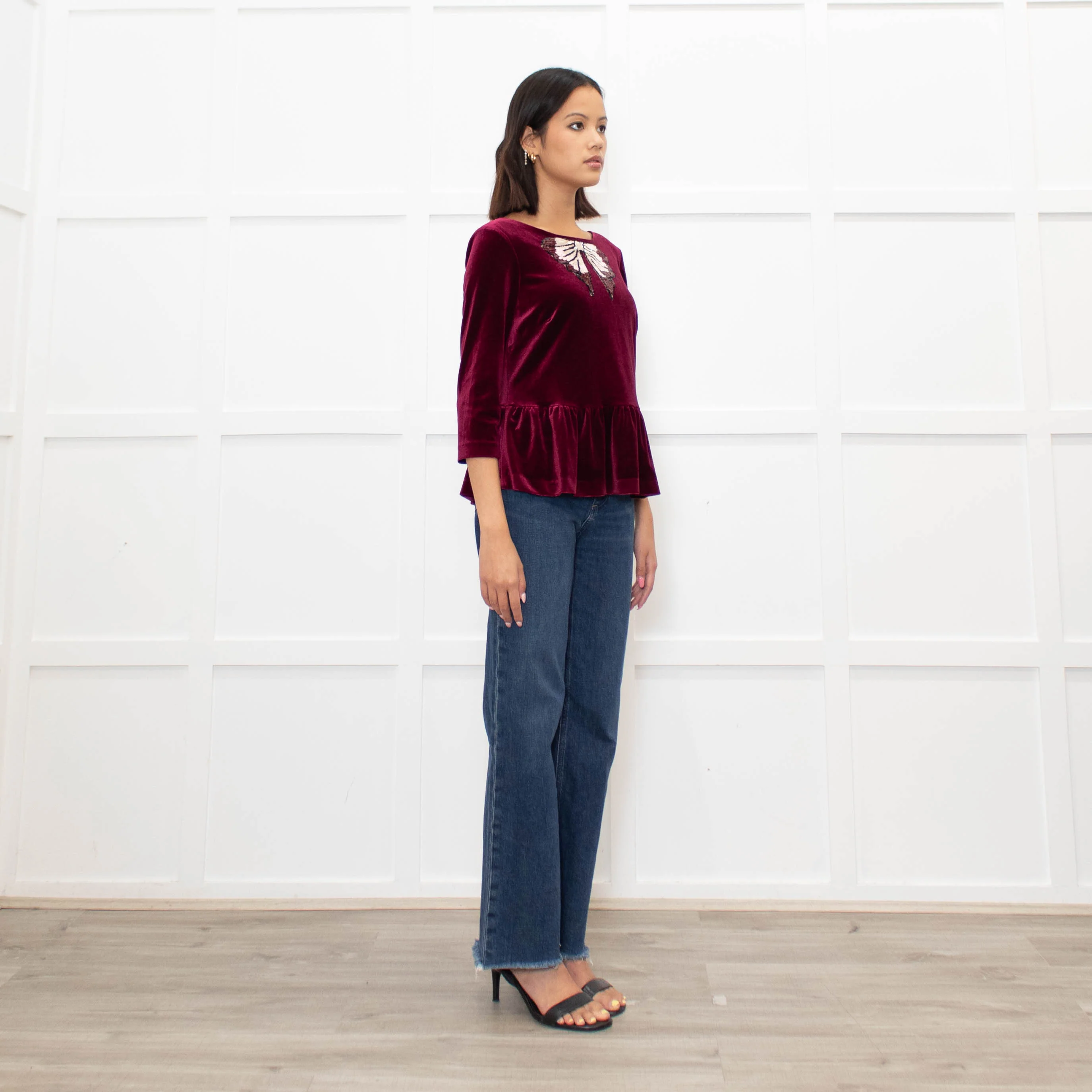 Blugirl Blumarine Burgundy Red Velvet Sequin Bow Top - Image 3