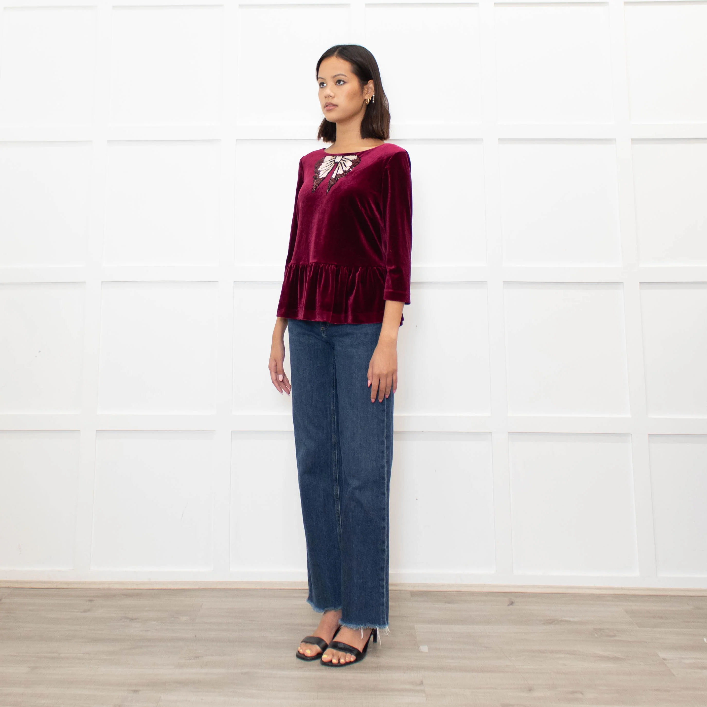 Blugirl Blumarine Burgundy Red Velvet Sequin Bow Top - Image 7