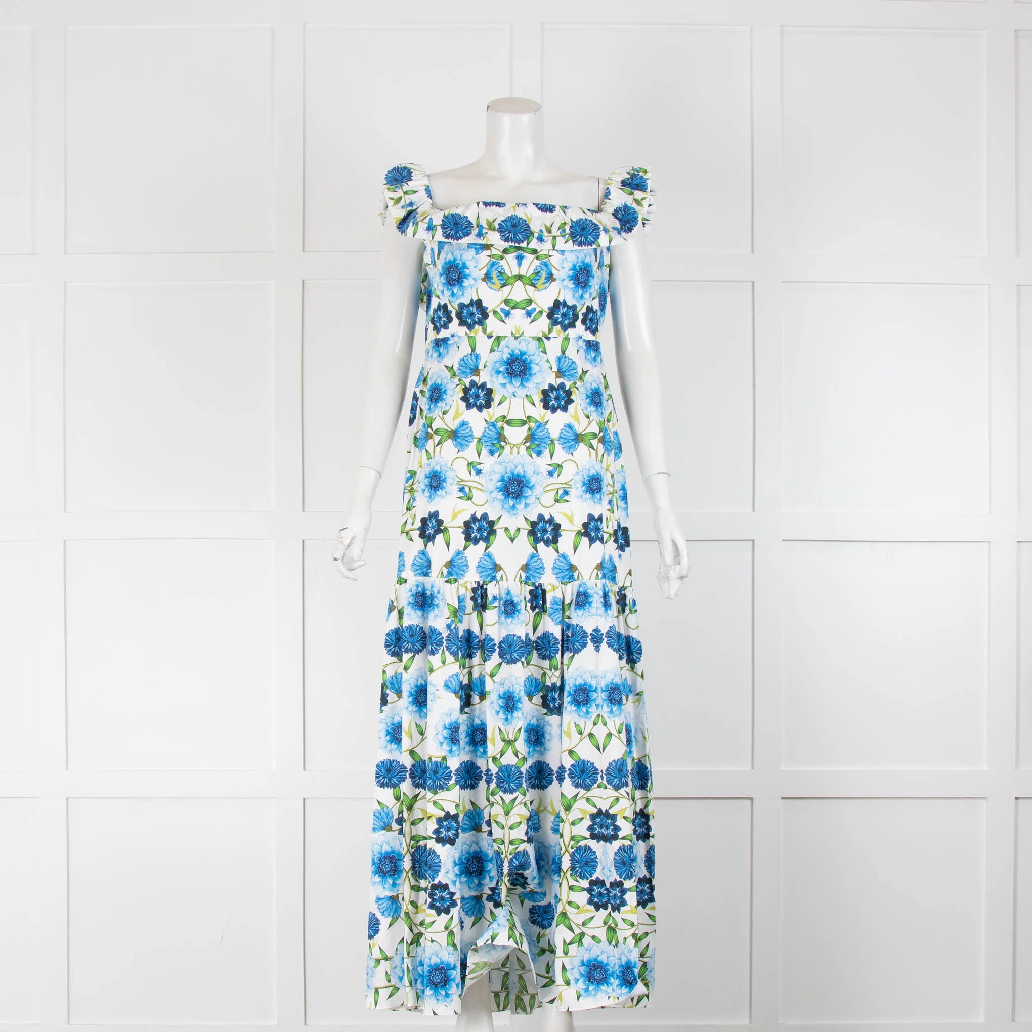 Borgo De Nor White Blue Floral Frill Trim Sleeveless Maxi Dress