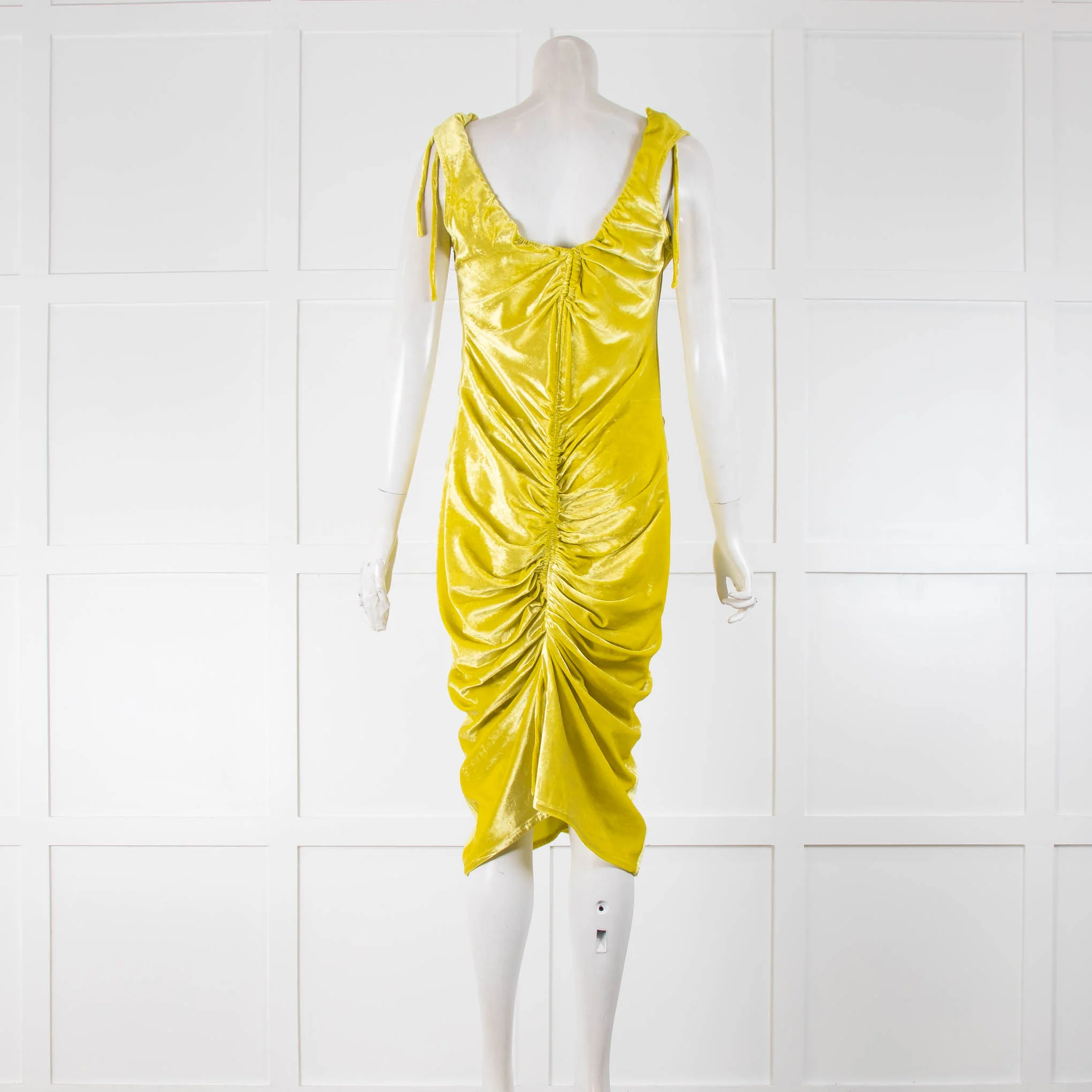 Bottega Veneta Yellow Ruched Velvet Sleeveless Dress - Image 3