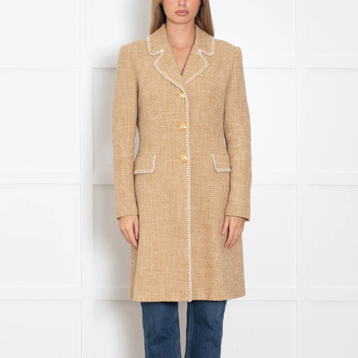 Boutique Moschino Beige Boucle Coat with Stitch Edge Detail - Image 2