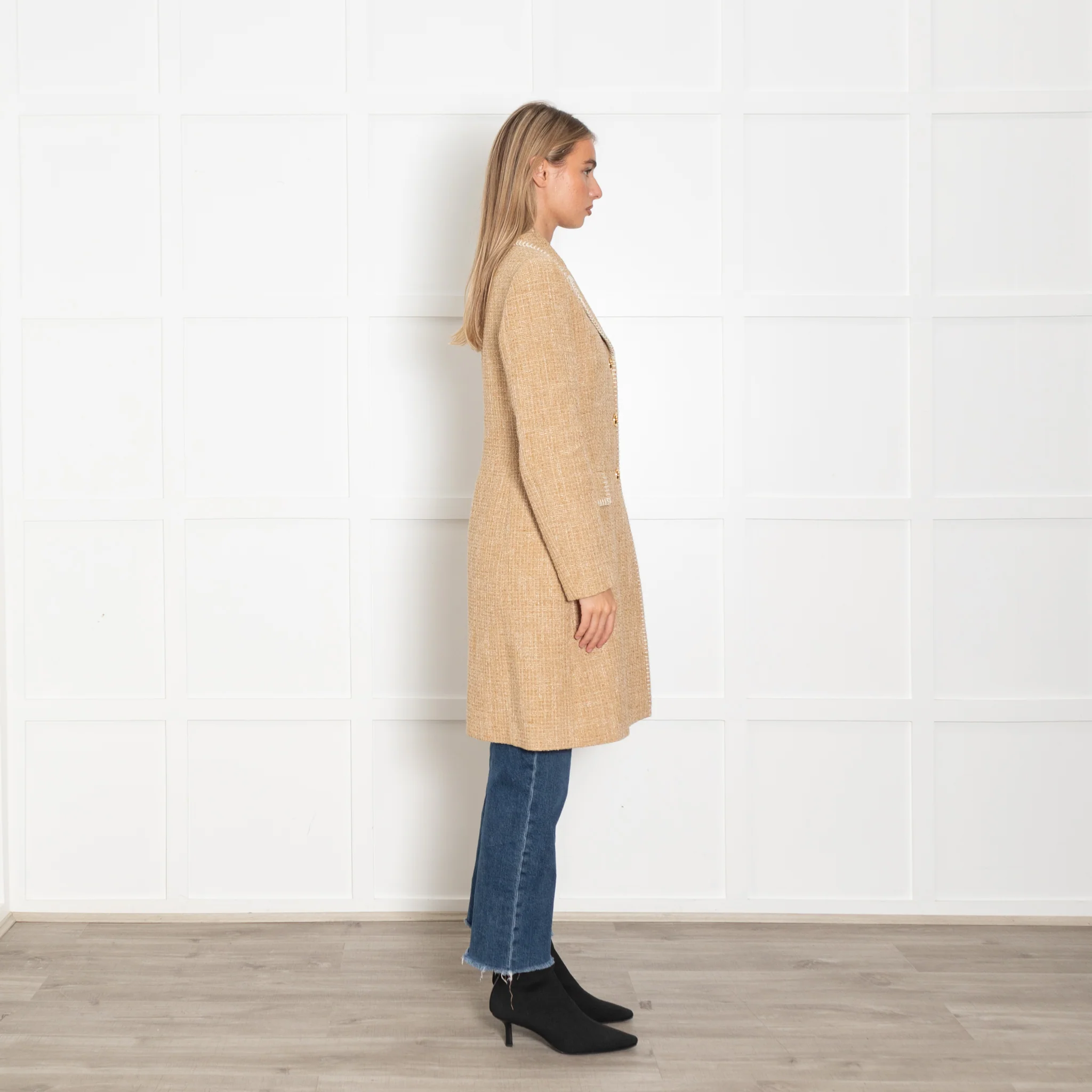 Boutique Moschino Beige Boucle Coat with Stitch Edge Detail - Image 6