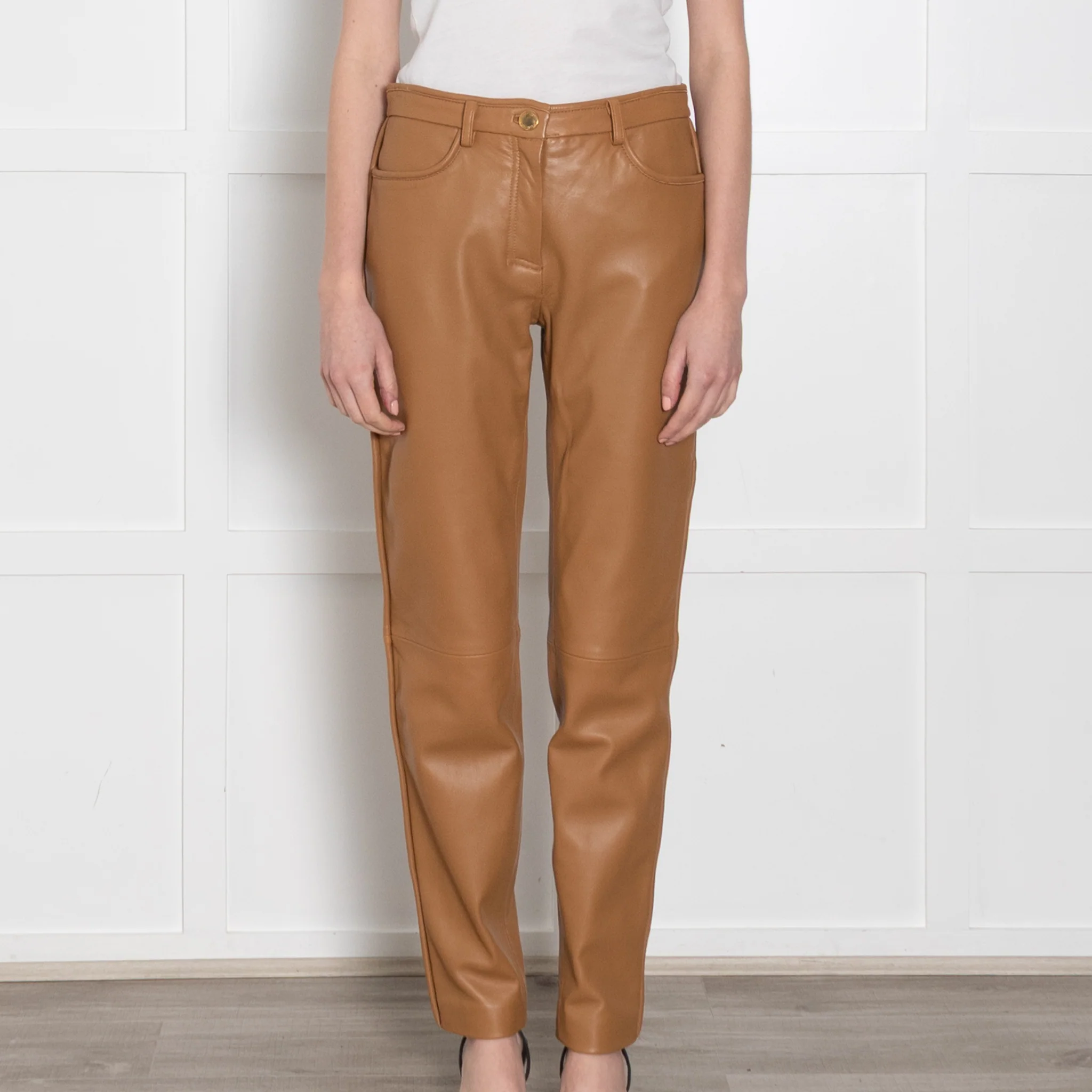 Boutique Moschino Mustard Leather Trousers - Image 2