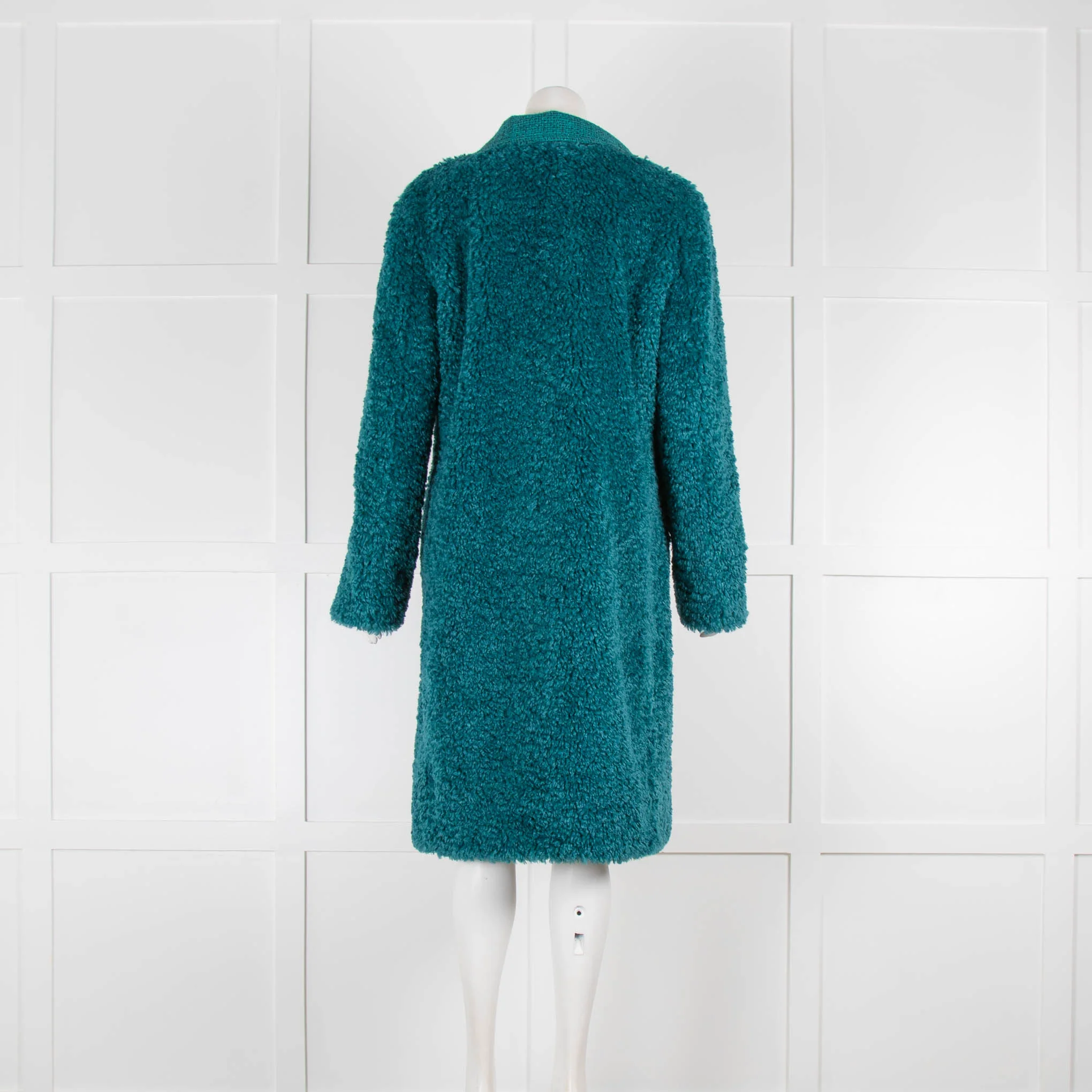 Boutique Moschino Teal Faux Fur Gold Button Coat - Image 3
