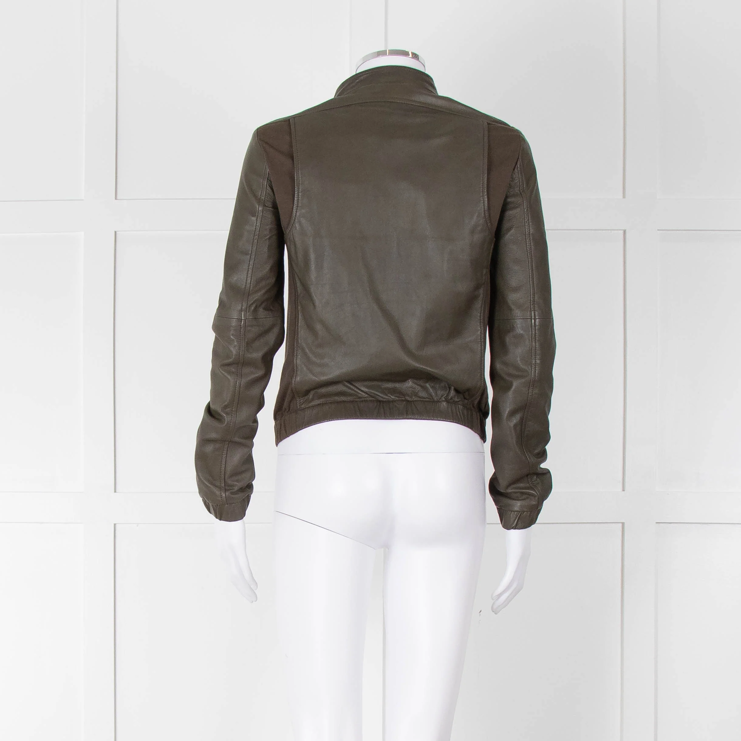 Brogden Khaki Leather Cotton Panel Biker Jacket - Image 5