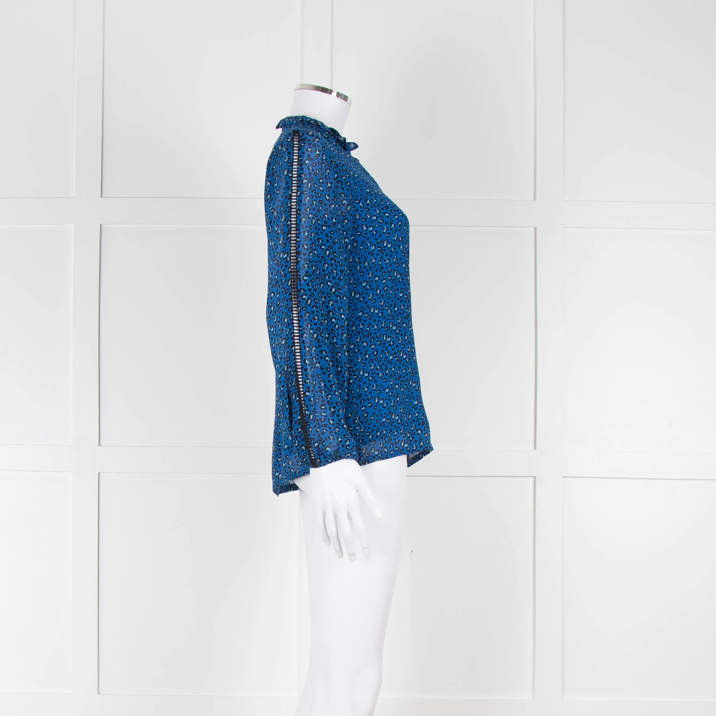 Brora Blue Animal Print Long Sleeve Black Lace Detail Shirt - Image 3