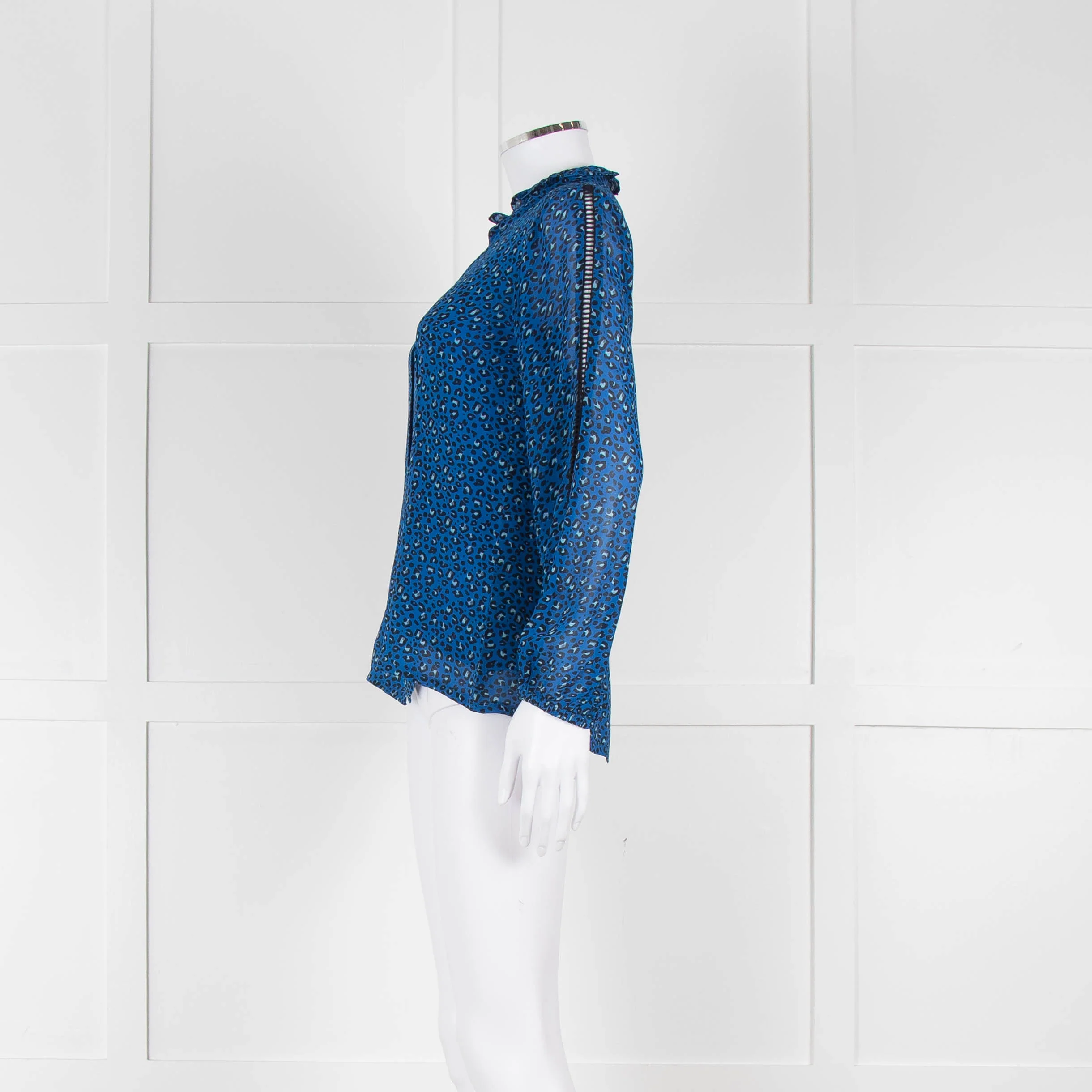 Brora Blue Animal Print Long Sleeve Black Lace Detail Shirt - Image 7