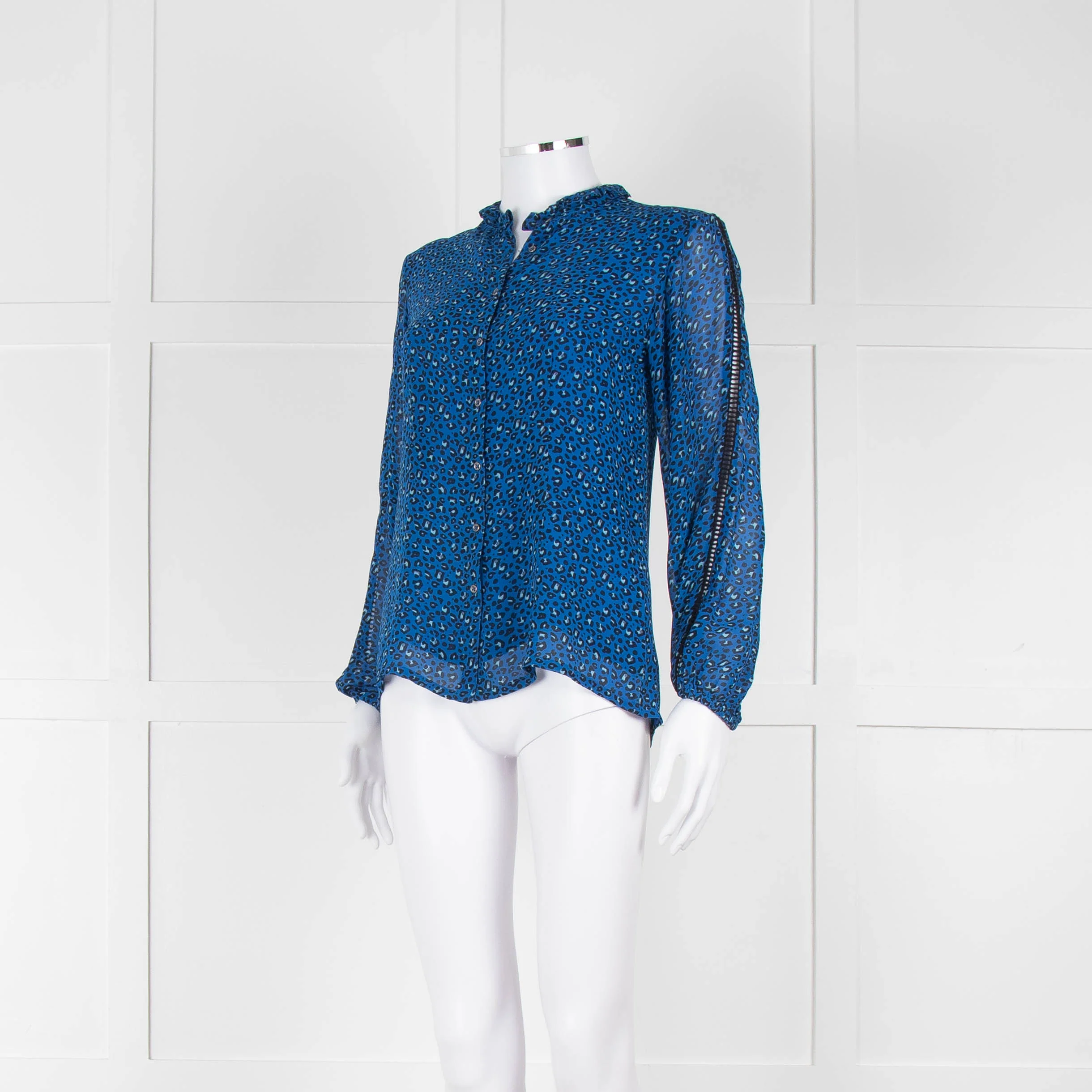 Brora Blue Animal Print Long Sleeve Black Lace Detail Shirt - Image 8