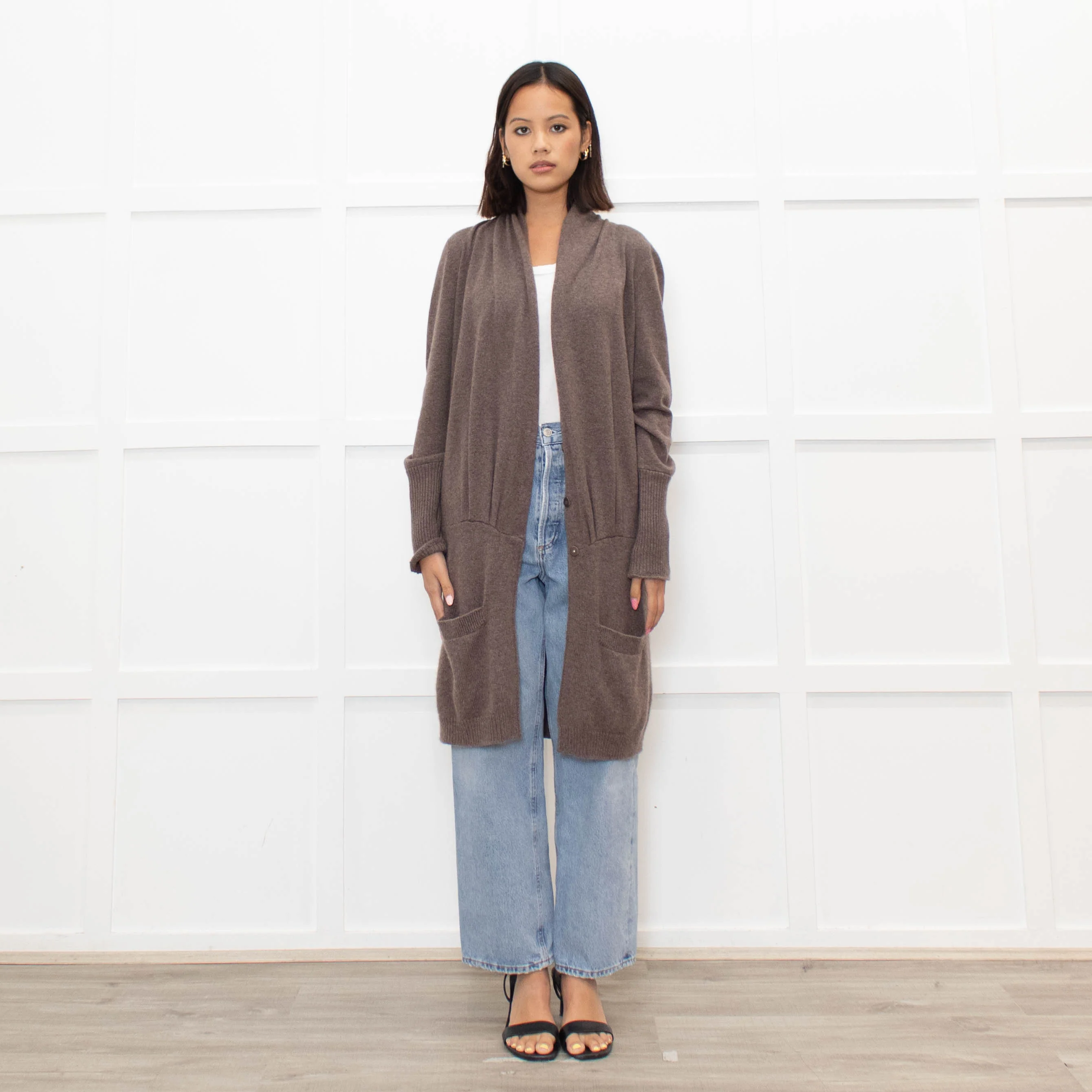 Brunello Cuccinelli Brown Popper Front Long Cashmere Cardigan