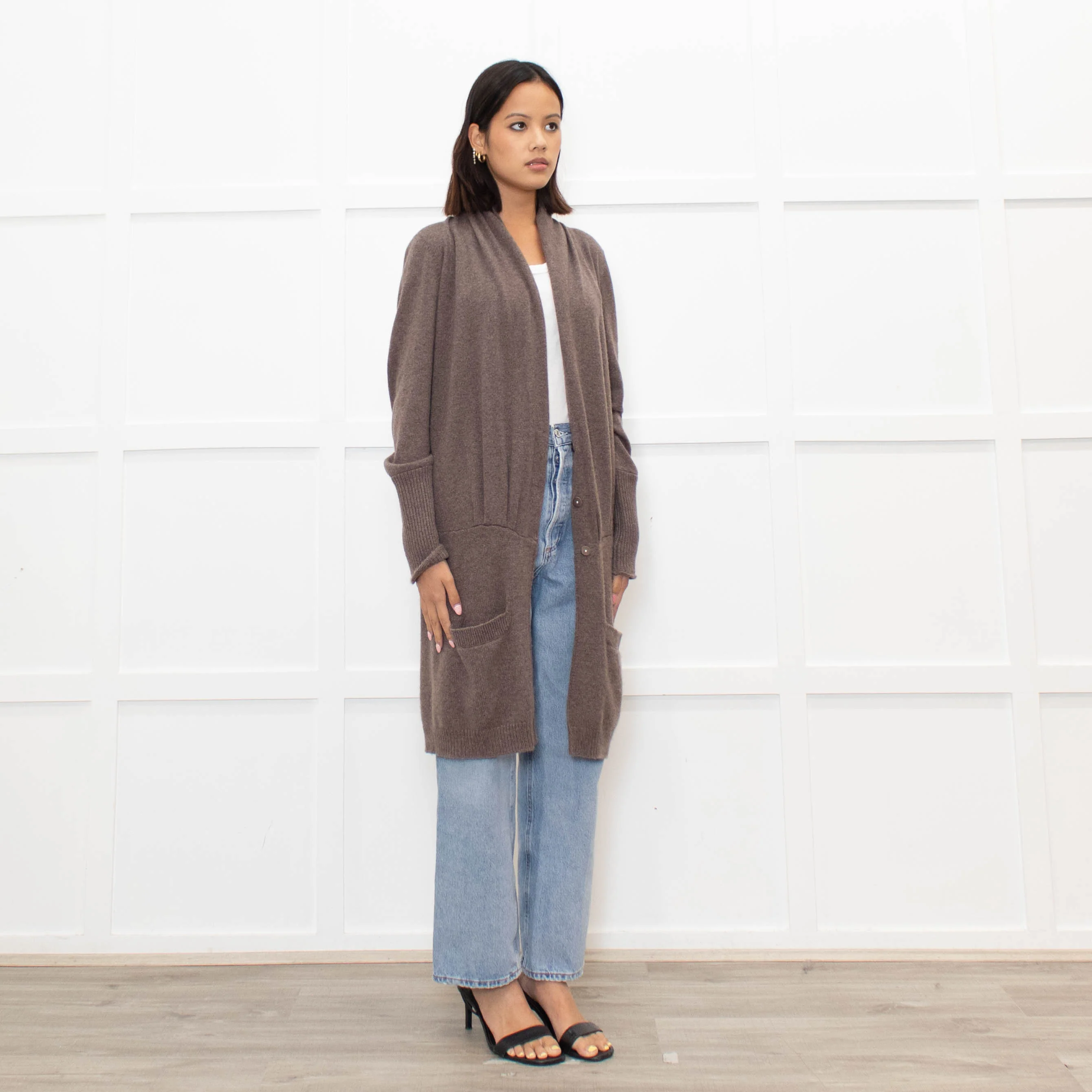 Brunello Cuccinelli Brown Popper Front Long Cashmere Cardigan - Image 3