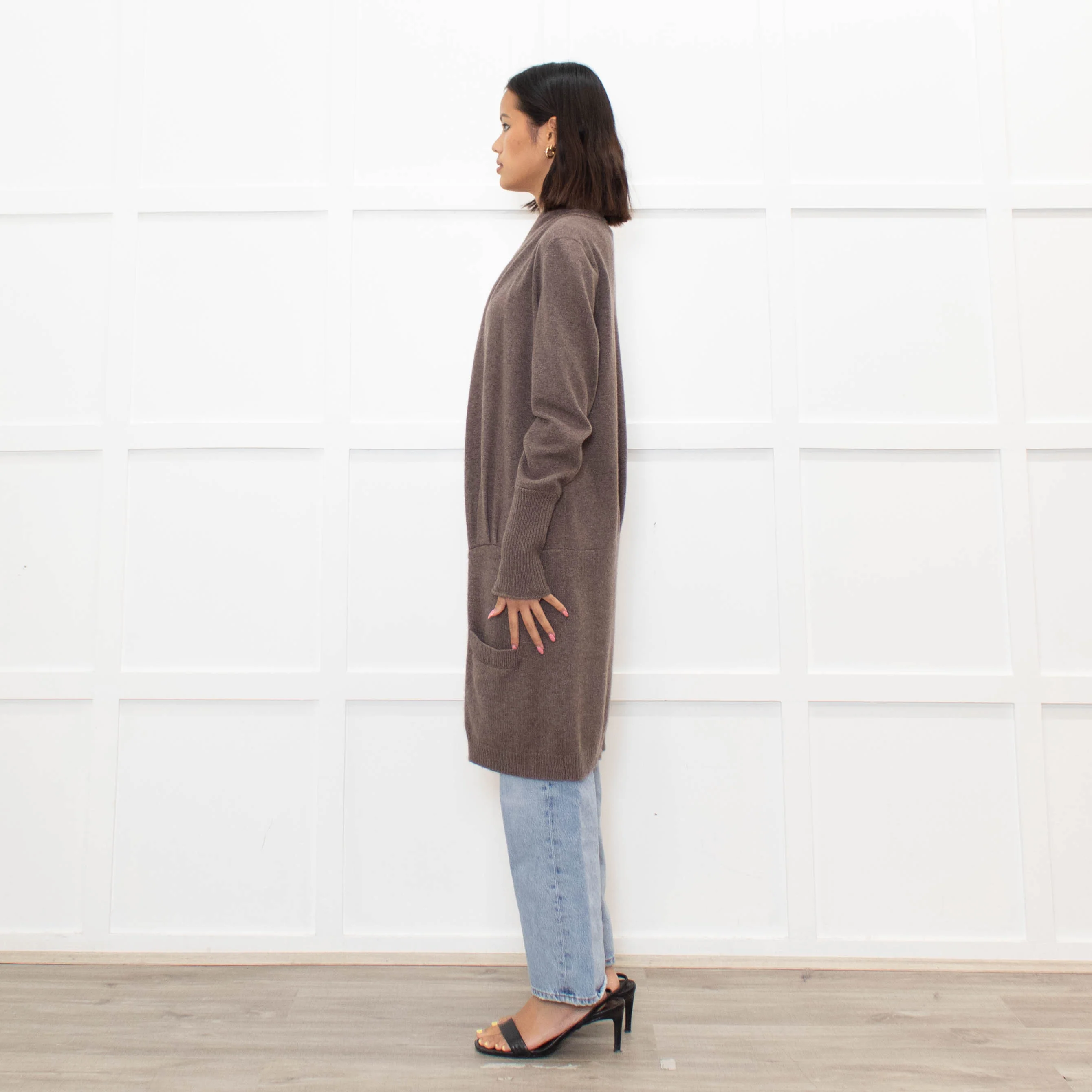 Brunello Cuccinelli Brown Popper Front Long Cashmere Cardigan - Image 6