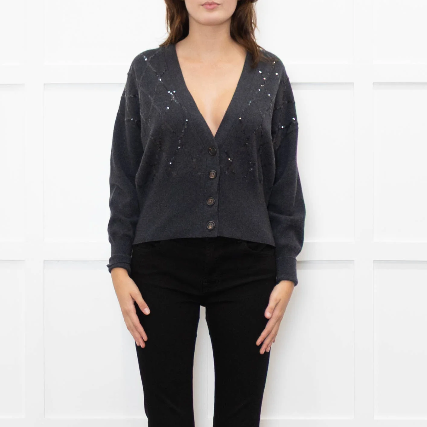 Brunello Cucinelli Grey Cashmere Cropped Cardigan With Sequin Argyle - Image 2