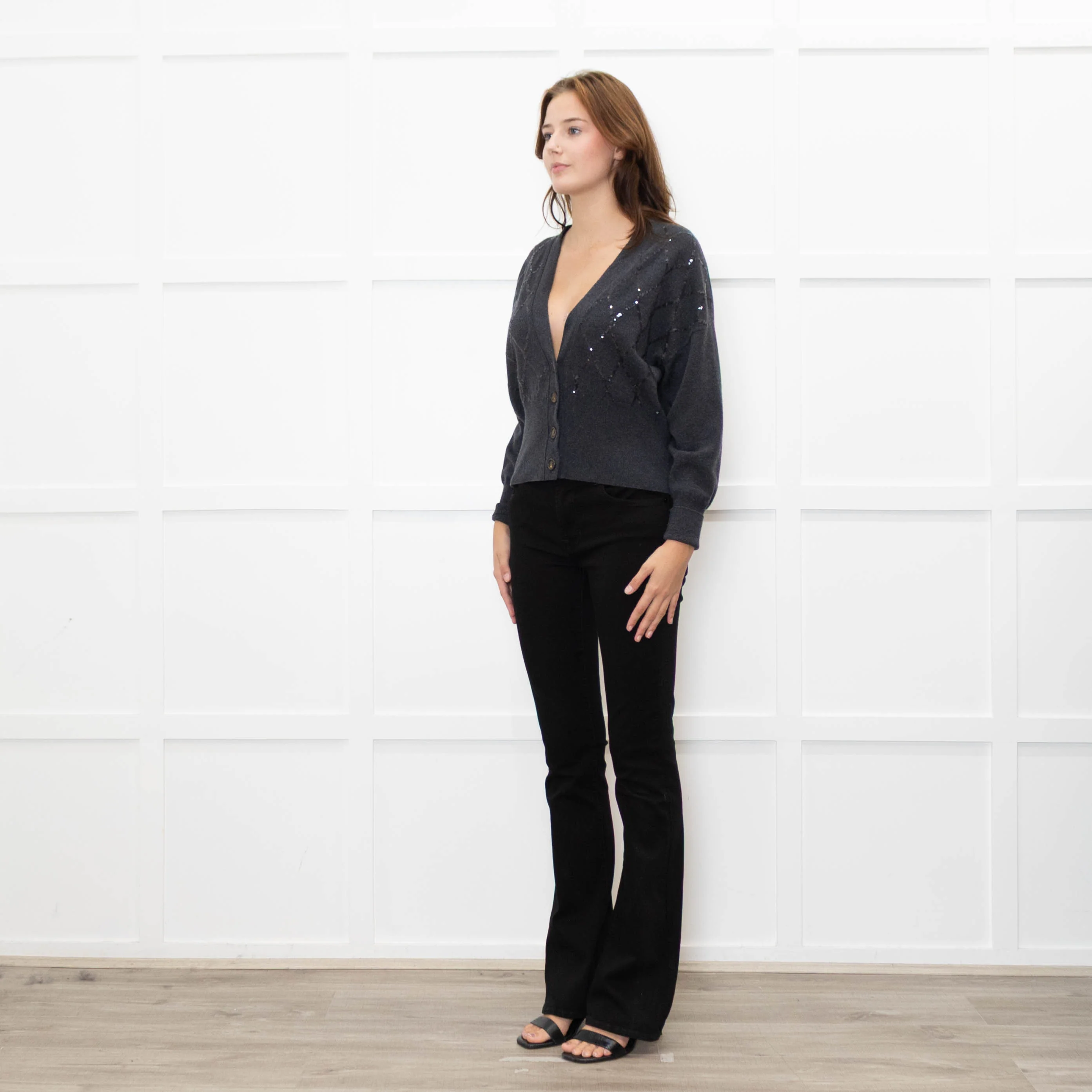 Brunello Cucinelli Grey Cashmere Cropped Cardigan With Sequin Argyle - Image 3