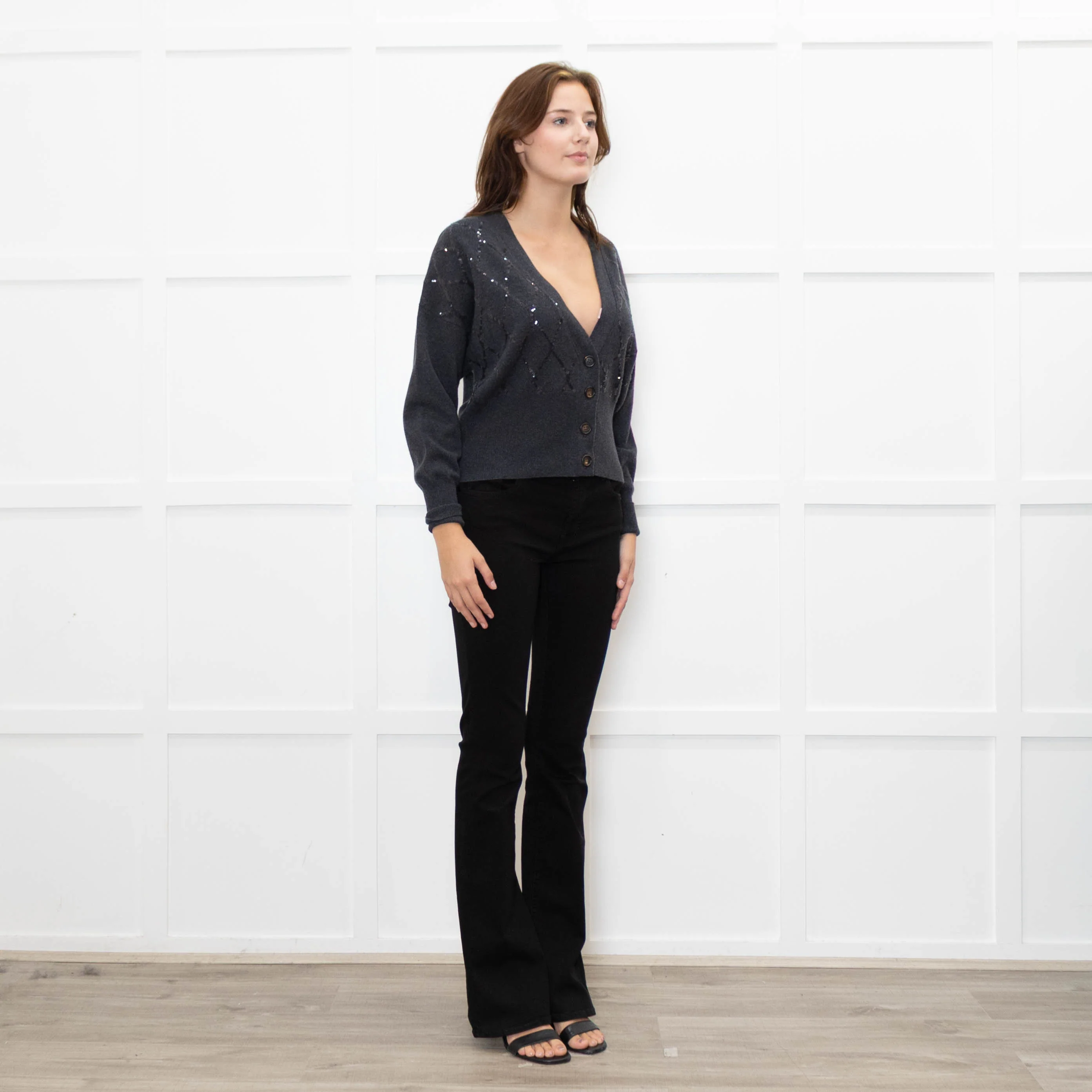 Brunello Cucinelli Grey Cashmere Cropped Cardigan With Sequin Argyle - Image 7