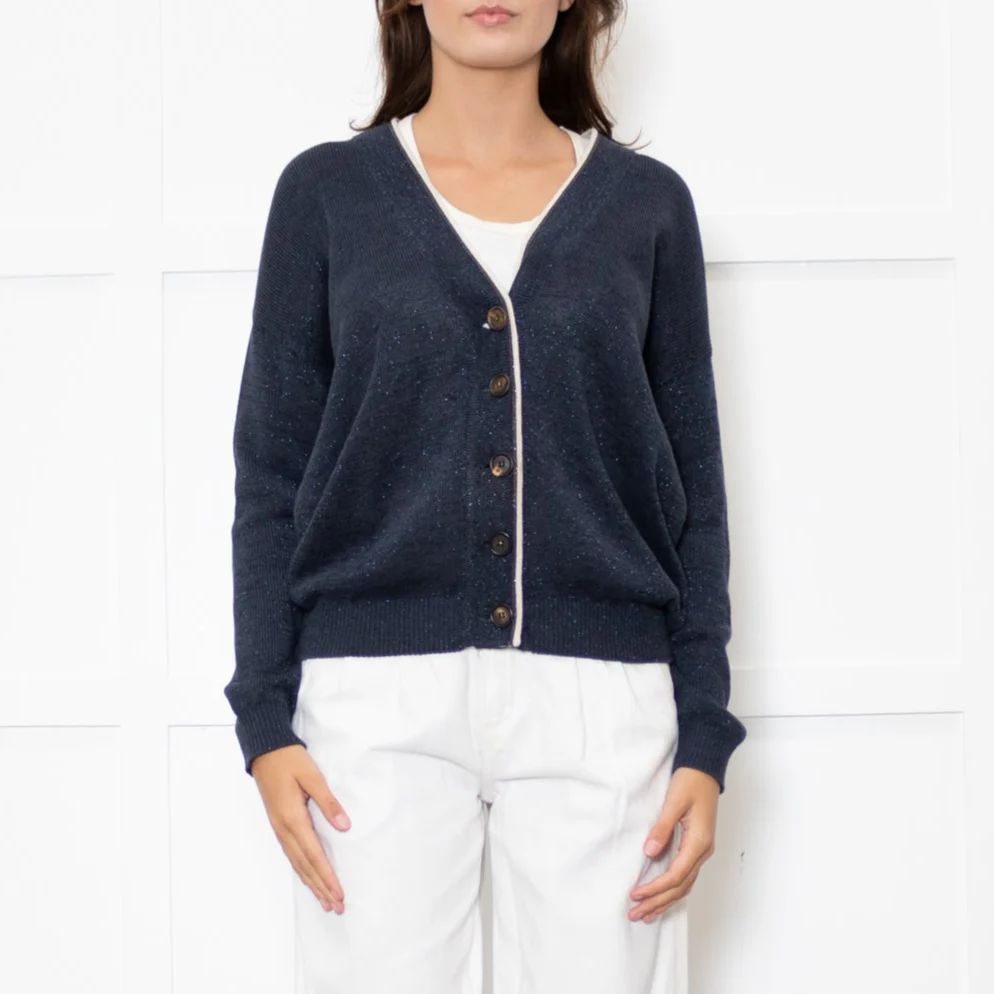 Brunello Cucinelli Blue Shimmer Cream Trim Cotton Blend Cardigan - Image 2