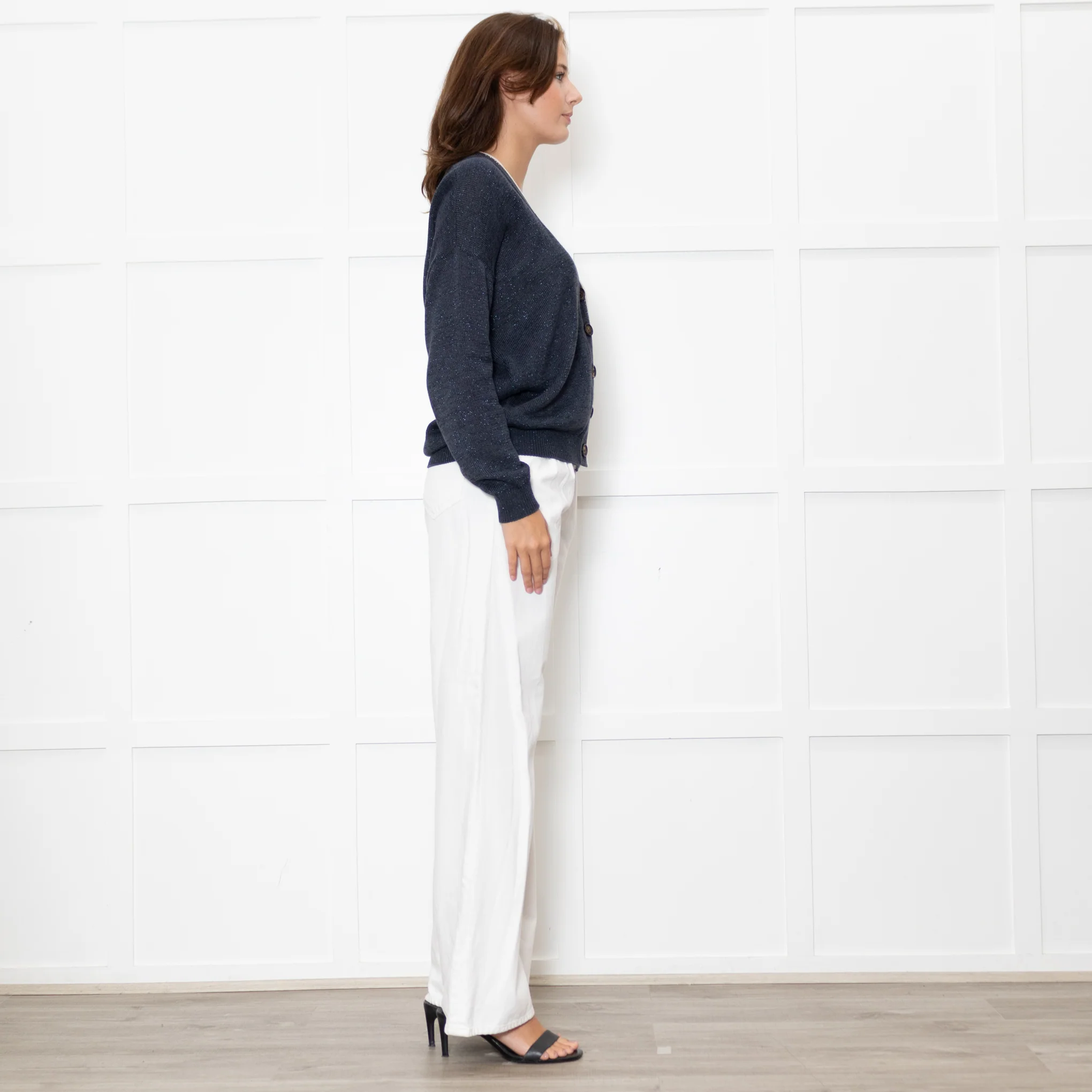 Brunello Cucinelli Blue Shimmer Cream Trim Cotton Blend Cardigan - Image 6