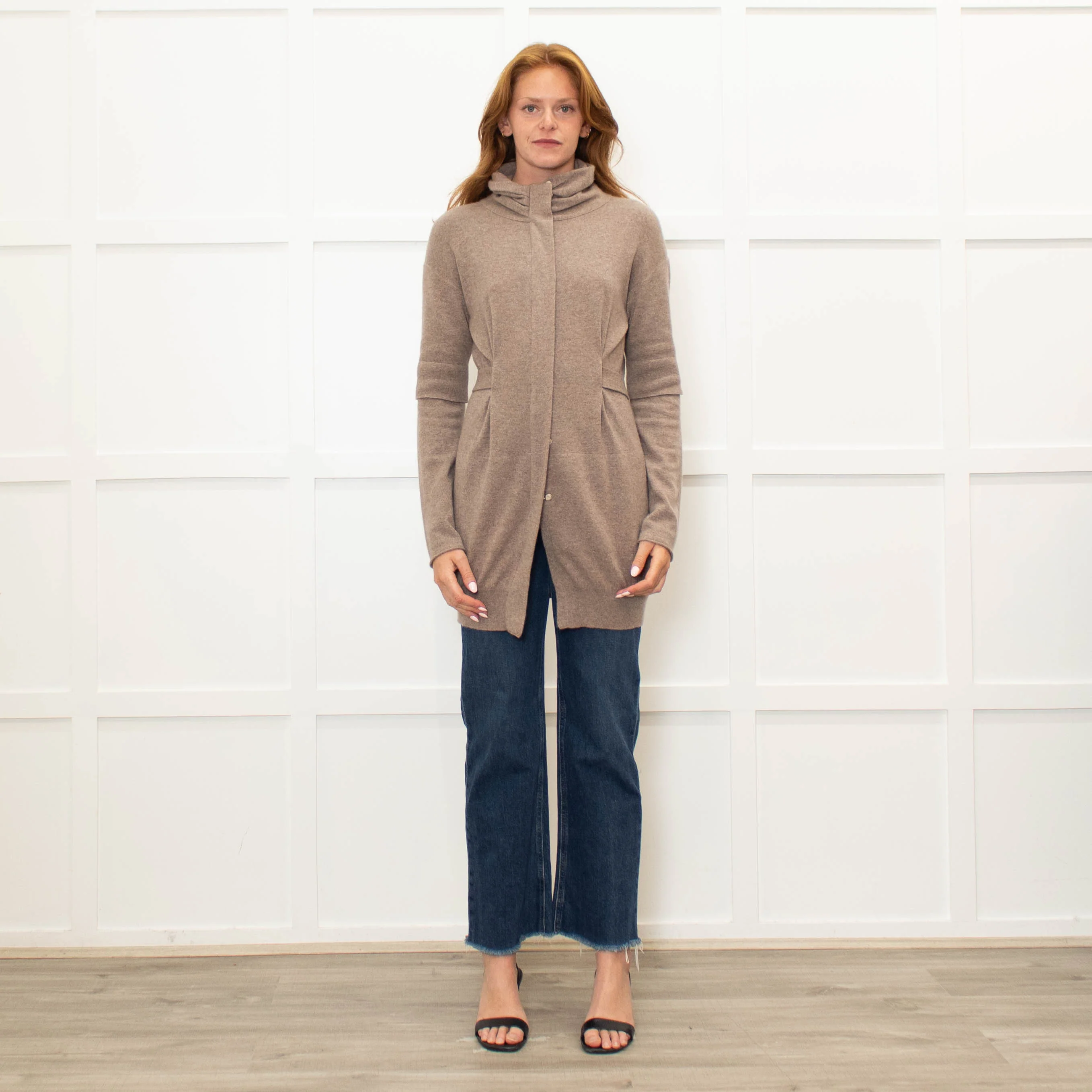 Brunello Cucinelli Brown Cashmere Long Zip Front Cardigan With Belt