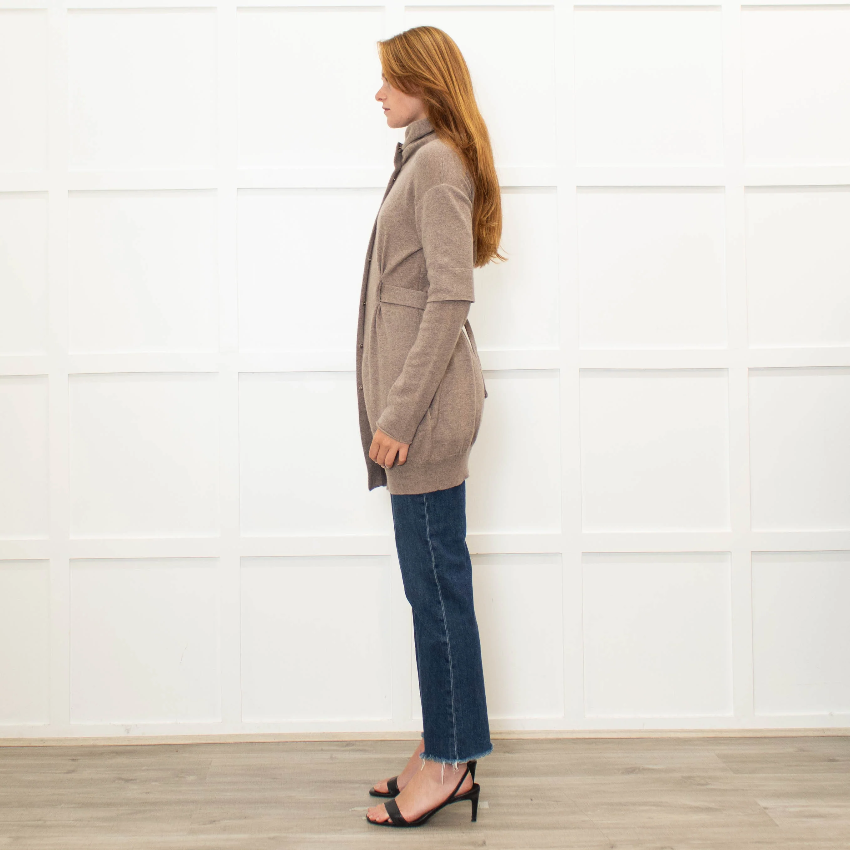 Brunello Cucinelli Brown Cashmere Long Zip Front Cardigan With Belt - Image 4