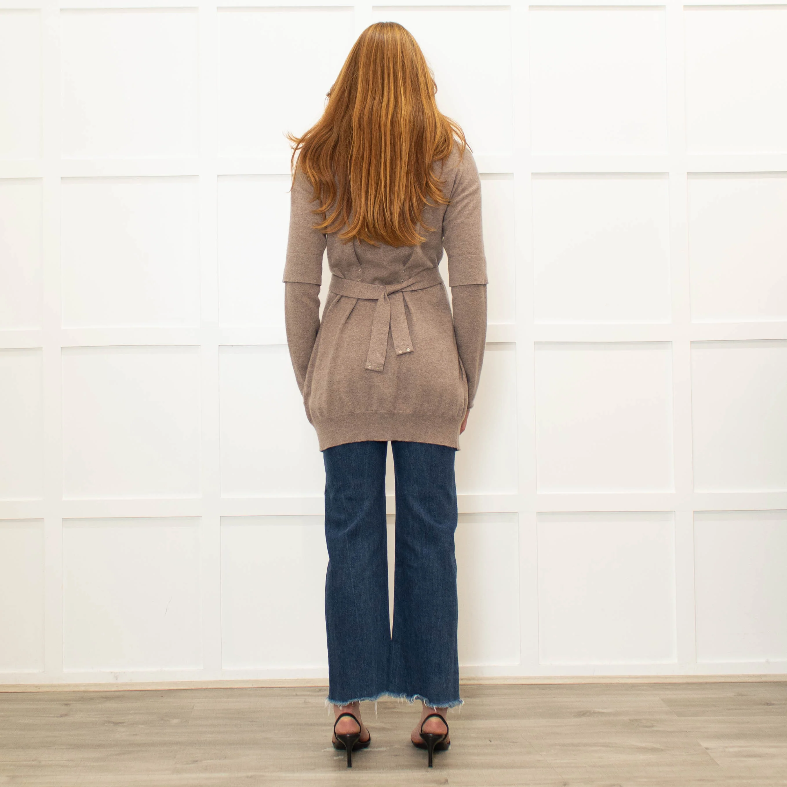 Brunello Cucinelli Brown Cashmere Long Zip Front Cardigan With Belt - Image 5