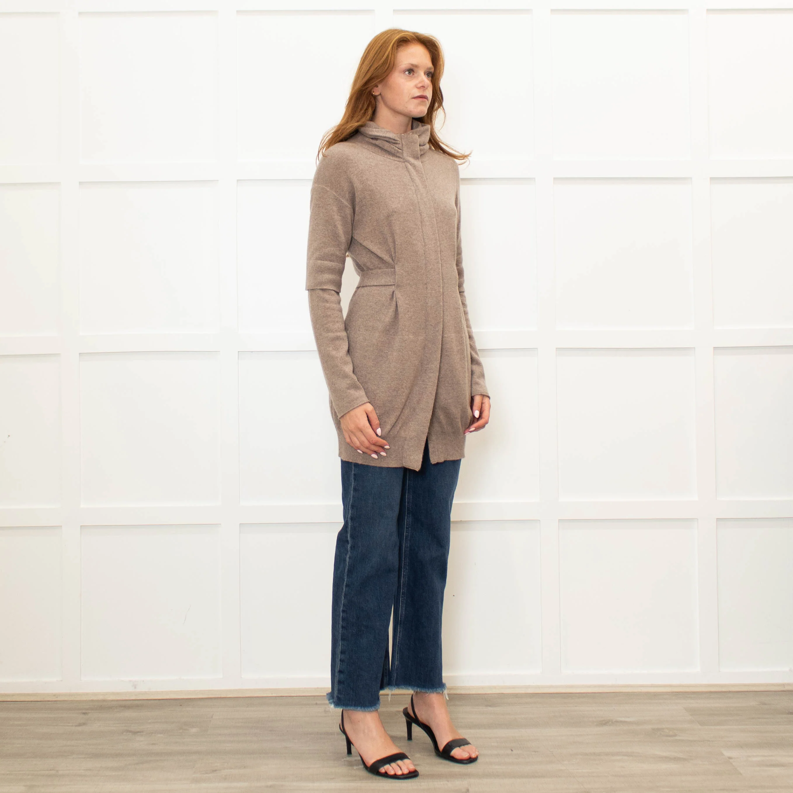 Brunello Cucinelli Brown Cashmere Long Zip Front Cardigan With Belt - Image 7