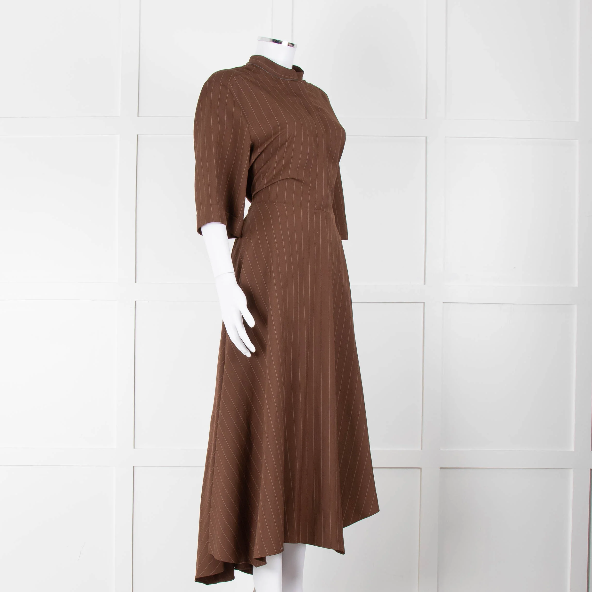 Brunello Cucinelli Brown Cream Pinstripe Metallic Trip Belted Maxi Dress - Image 2