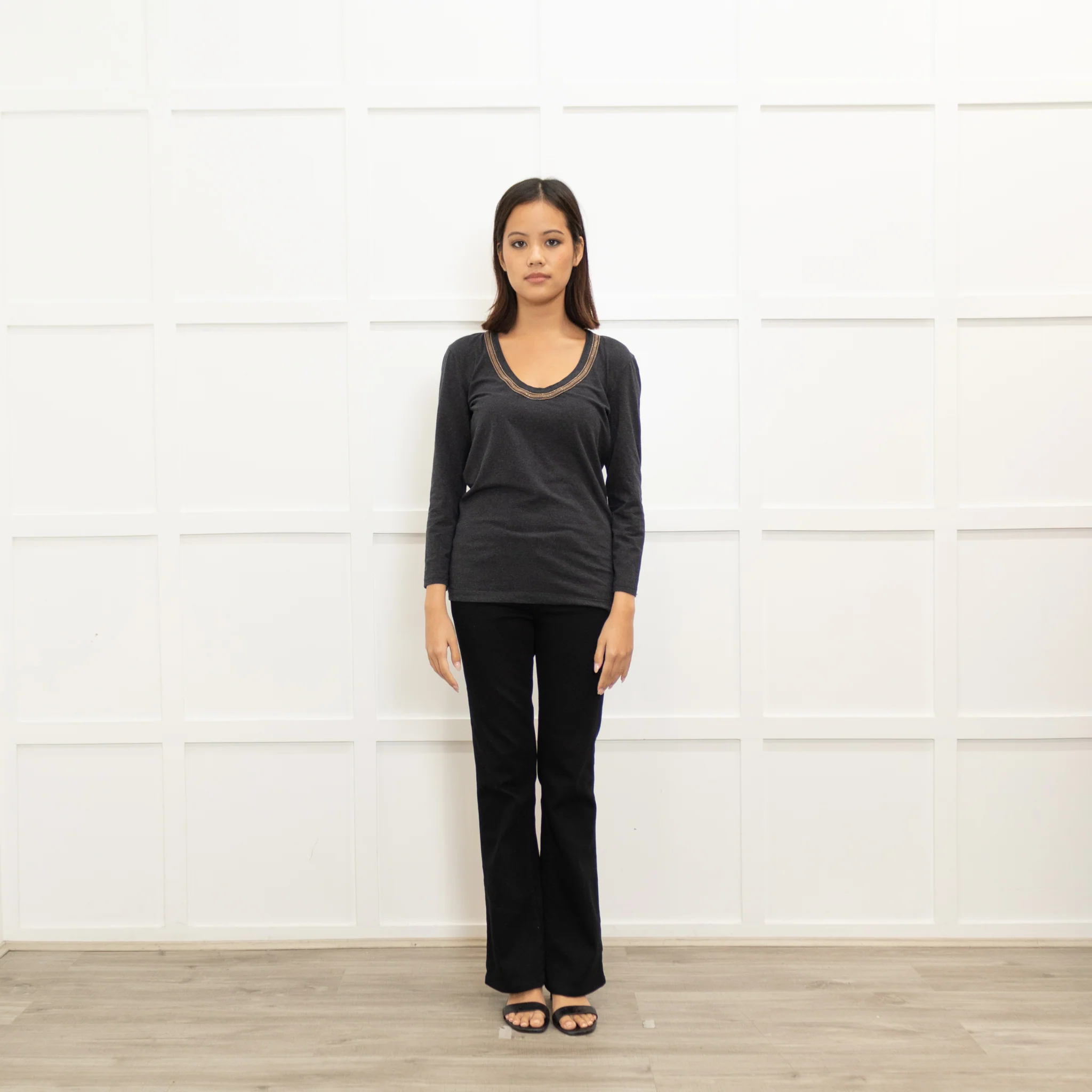 Brunello Cucinelli Grey Long Sleeve Cotton Top With Rose Gold Neckline Detail